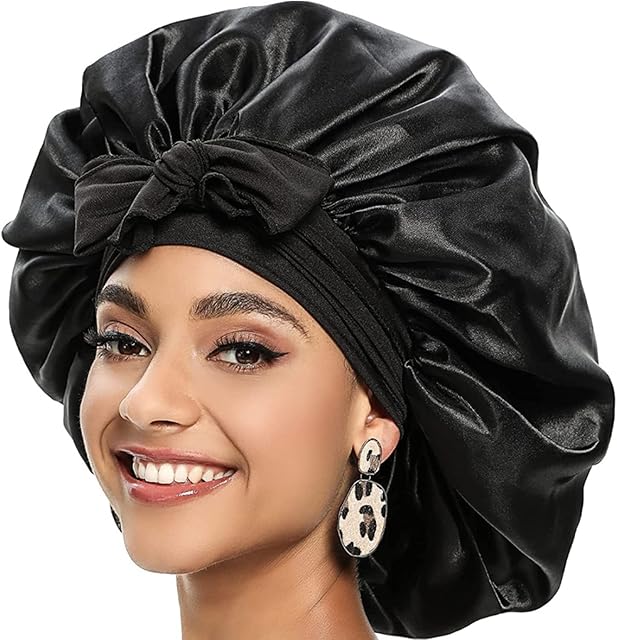 Hair Bonnet for Sleeping, shower caps for women, Bath Caps Satin Bonnets for Curly Hair Sleeping, Silk Bonnet with Stretchy Tie Band (Black)