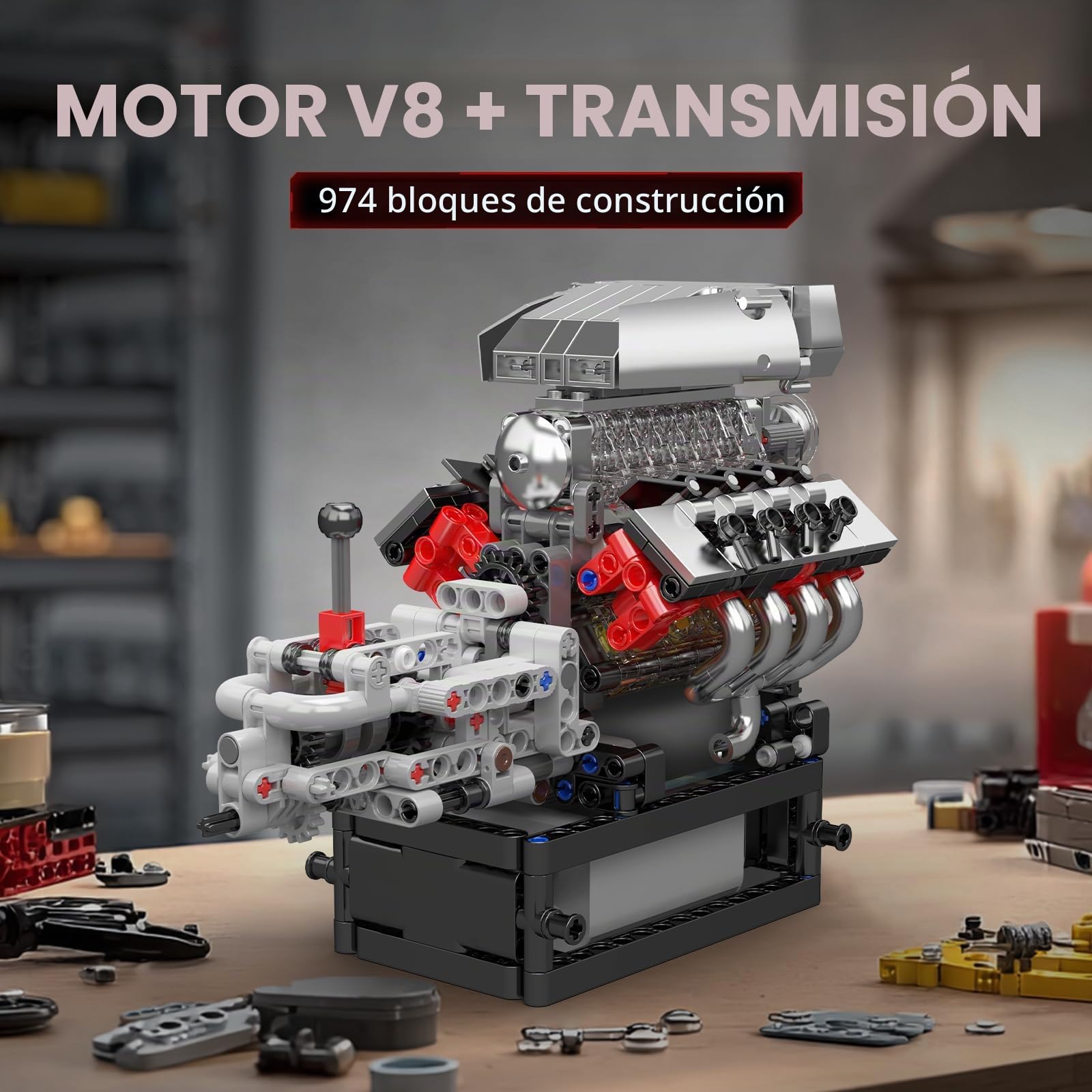 Mould King 10225 Tecnología V8 Motor y Engranaje Bloques de Abrazadera, STEM 855+ Piezas Bloques de Modelo de Motor con Motor, MOC Auto Engine Modelo Juguetes para Adolescentes/Adultos Colección