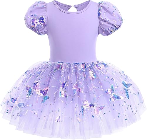 Leotardos de ballet para niñas, 4 colores, mariposa, lentejuelas brillantes, vestido tutú de baile, manga abombada, ojo de cerradura en la espalda,