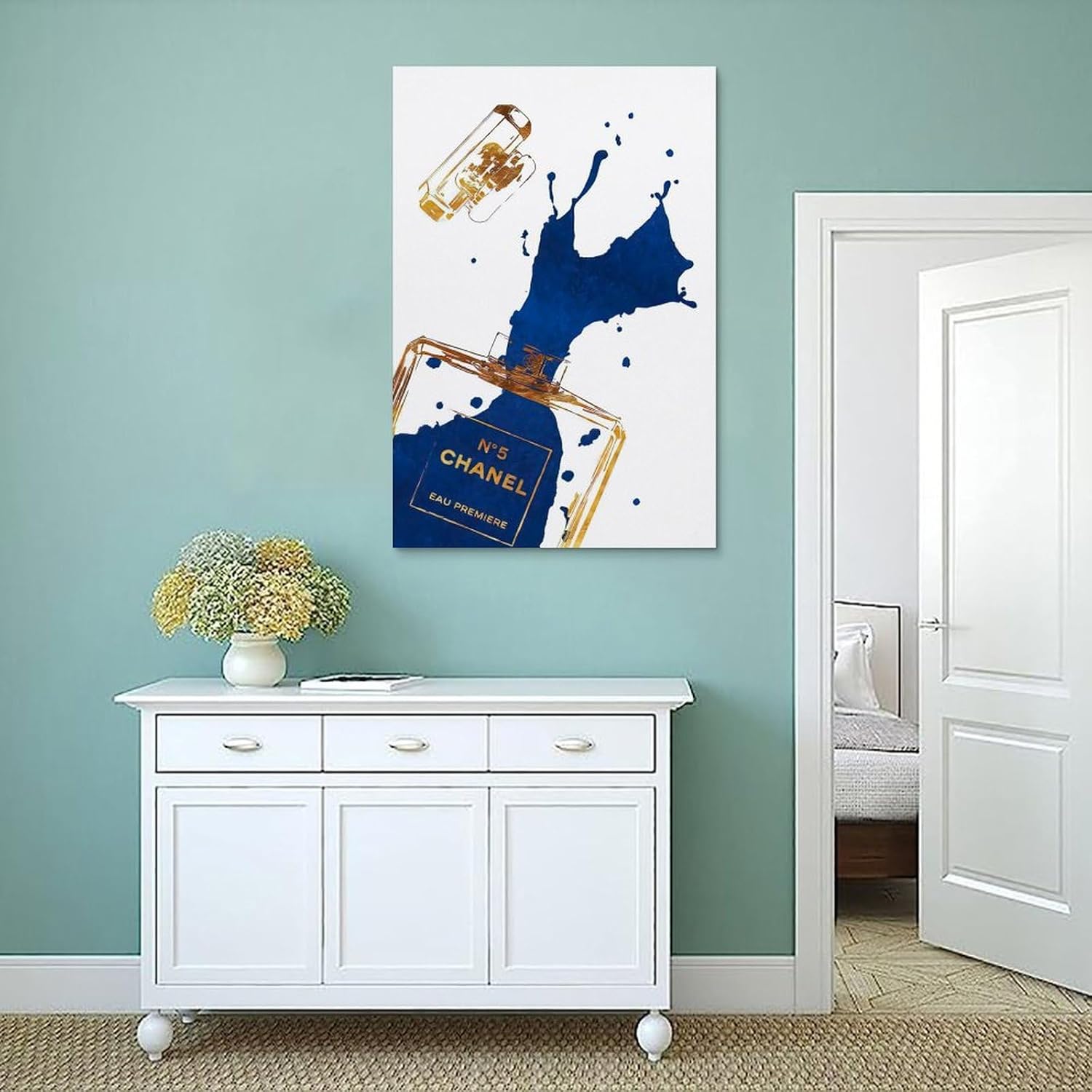 BanLaArt Fashion Gold Perfume Bottle With Navy Blue Splash Canvas Print Poster Decorative Painting Canvas Wall Art Picture Print Modern Family Bedroom Decor 16x24inch(40x60cm), style-1