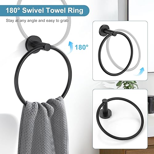 Miniatura 5 de TQKAG Juego de accesorios de baño negro mate, 5 piezas, juego de barra de toalla de acero inoxidable SUS304 redondo para baño montado en la pared