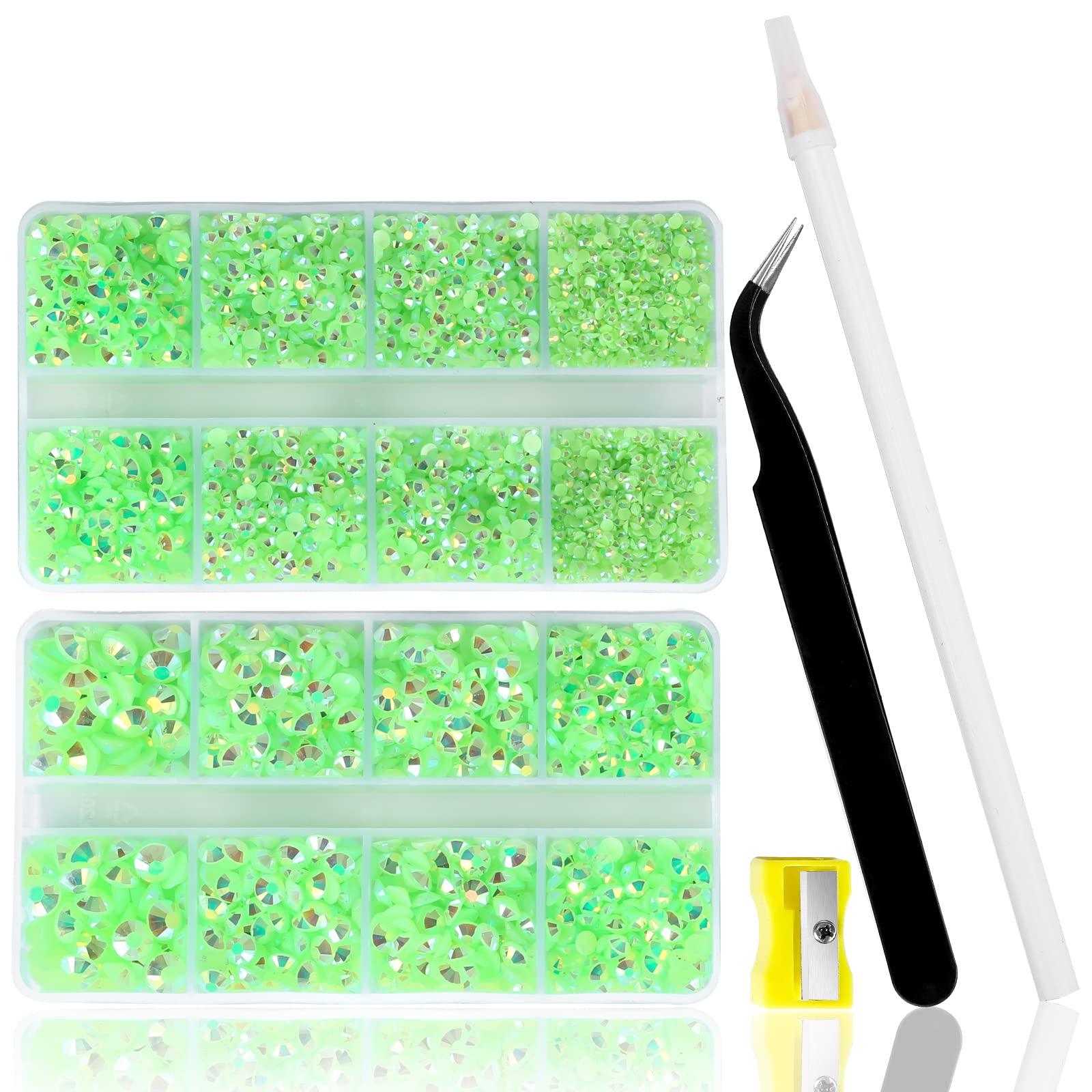 10400PCS Light Green Rhinestones, Jelly Resin Crystals for Nails, Flatback Non Hotfix DIY Rhinestones with 15 cm Pencil Sharpener and Tweezer & Picker Pen (Light Green AB)