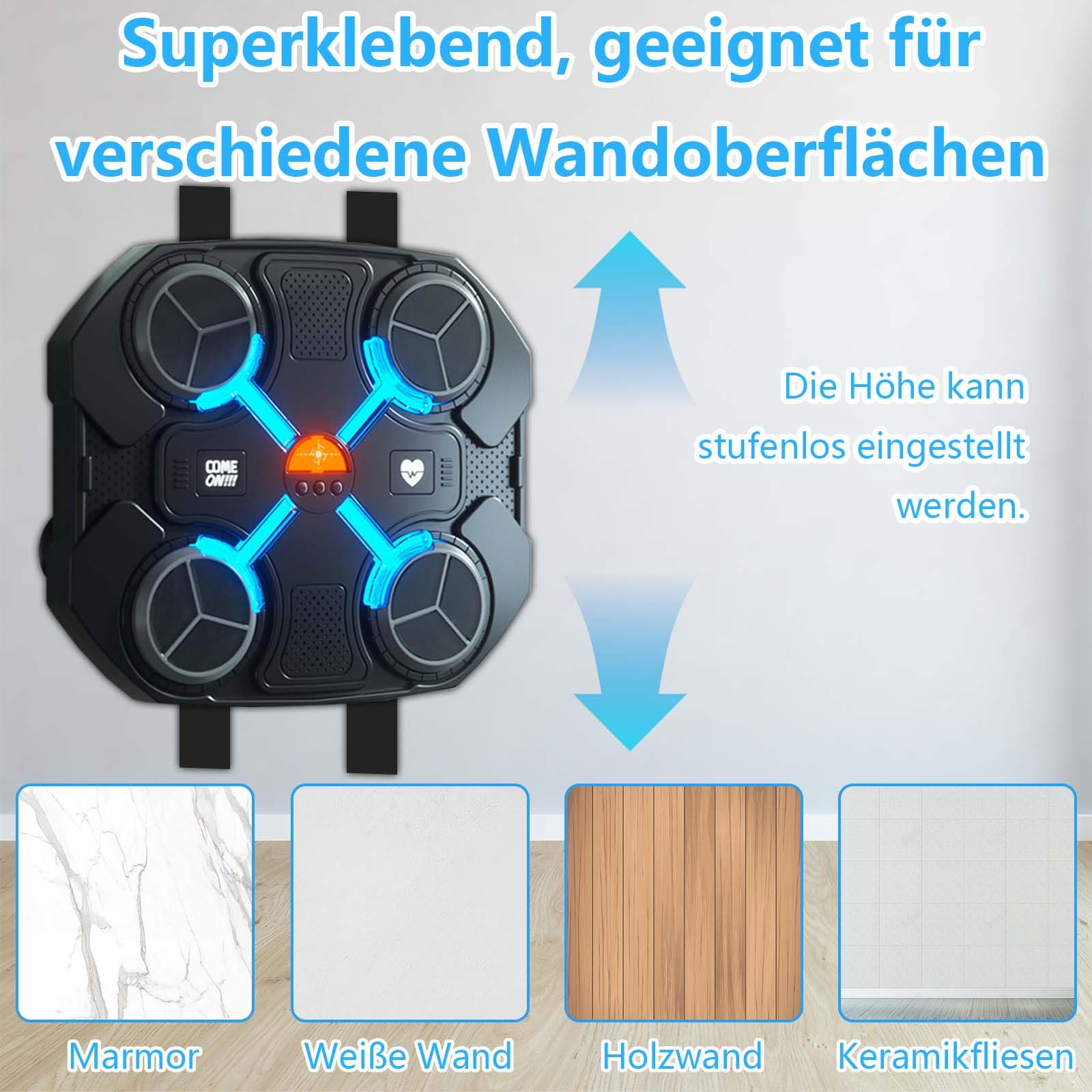 TECKZOON Machine De Boxe Musicale – Bluetooth, Lumières, 3 Vitesses, Murale, Coussins EVA, Avec Gants – Pour Enfants Coordination