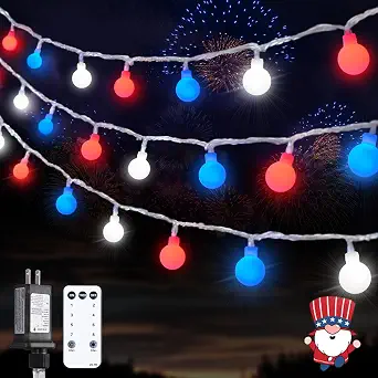 JMEXSUSS Connectable Red White and Blue LED String Lights - 33ft, 100 LEDs, 8 Modes, Indoor/Outdoor Patriotic Decor