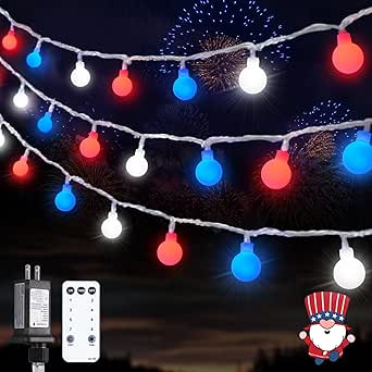 JMEXSUSS Connectable Red White and Blue Lights Indoor Outdoor, 100 LED 33ft 4th of July Decorations Light with Remote