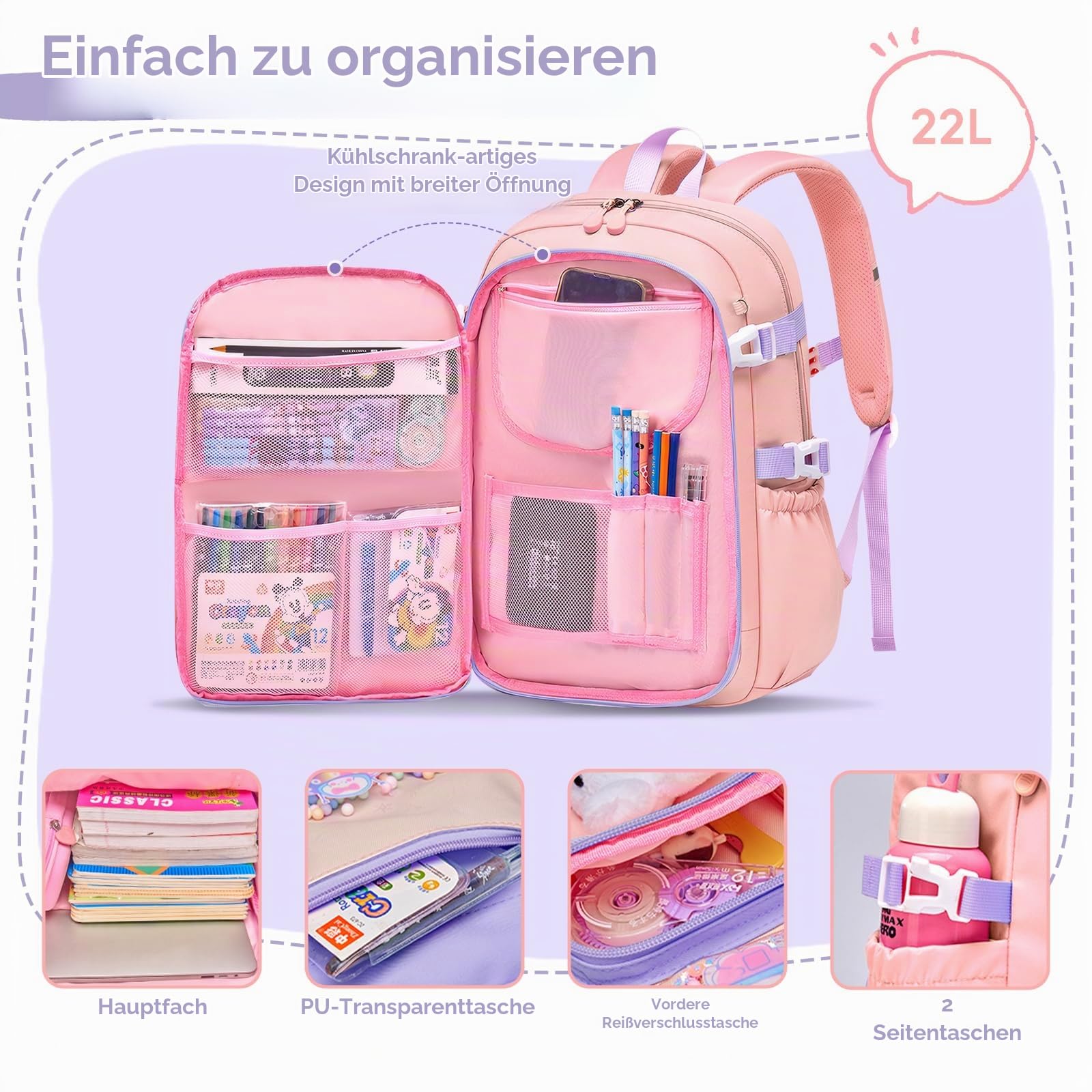 Tanou Rucksack Schule Mädchen 3-teilig Kinder Schultasche Grundschule | Kawaii Schulrucksack mit Lunchpaket Mäppchen, Leichtes Bequeme Schultaschen-Set für Mädchen 1. bis 5. Klasse, Rosa