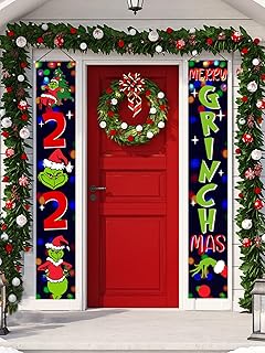 Grinch Christmas Decorations - 2021 Welcome Porch Sign Grinch Christmas Hanging Banners for Indoor Outside Front Door Livi...