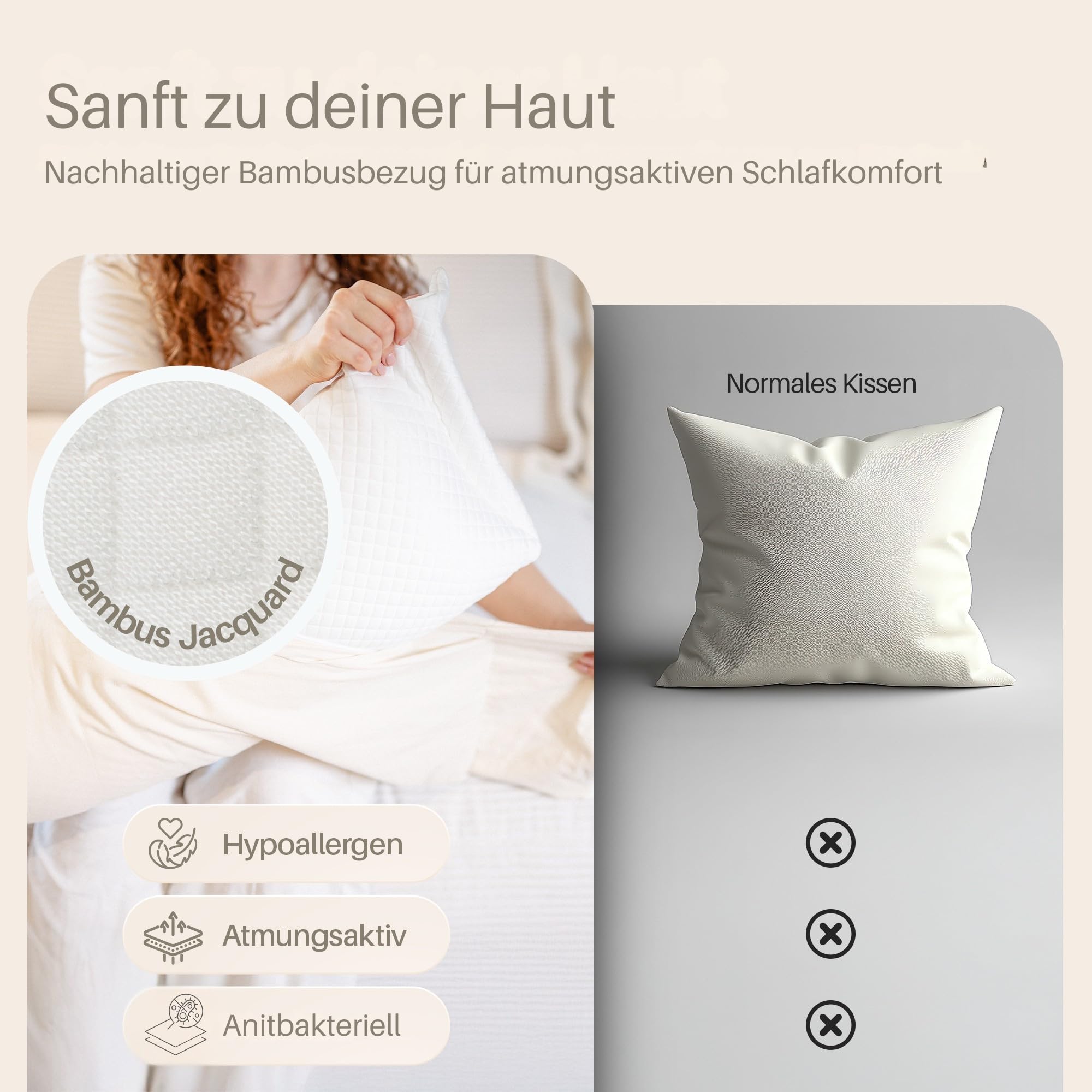 Seitenschläferkissen XL, Schwangerschaftskissen, Stillkissen, Memory Foam Füllung, Kissenbezug 100% Baumwolle, Kuschelkissen, Lagerungskissen, Viskosebezug, Pregnancy Pillow, beige