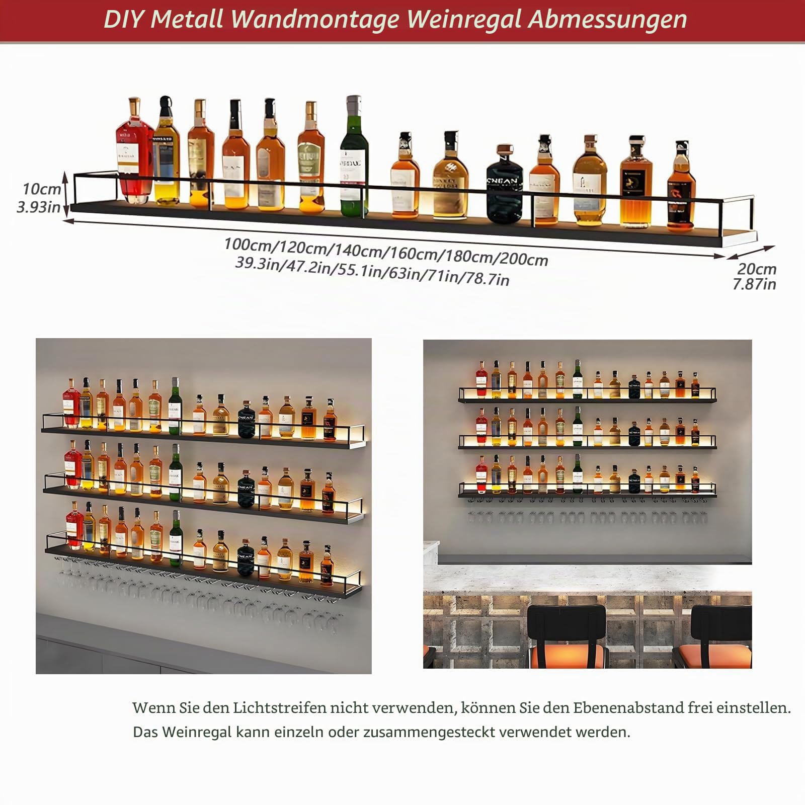 Wand montiertes Weinregal mit Weinglasregal, Metall Wine Display-Ständer Einstellbarer Raum, Schwebendes Barregal Flaschenregal Wandmontage für Bar-Einheiten, Küche Dekoration (Gold, 140cm)