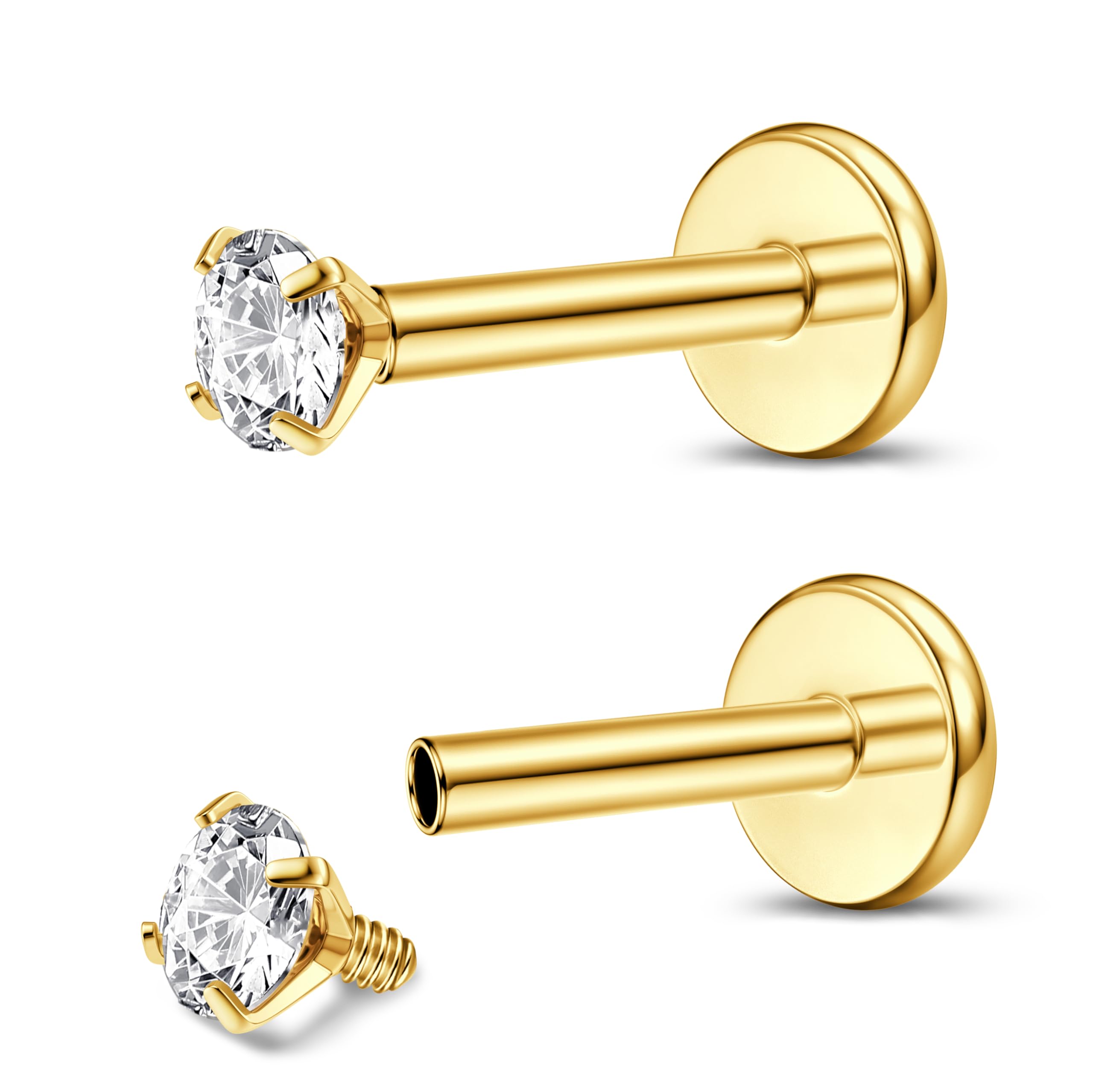 Adramata 2Pcs G23 Titanio Labret Roscado Interno Piercing Labio Monroe Medusa CZ Pendiente Nariz Helix Tragus Oro Plata Oreja