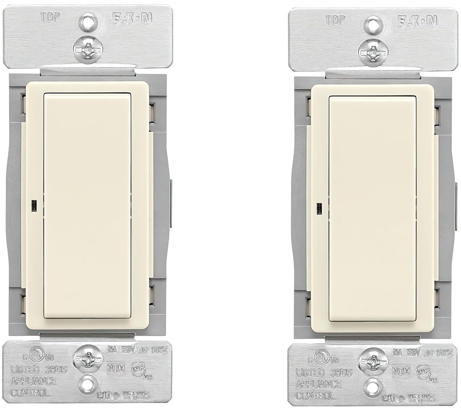 Eaton WFSW15-LA-SP-L Pack of 2 Wi-Fi Smart Decorator Switches; Light Almond; 60 Hz, 120V; 15A; Flush Mount; Back and Side Wire; Single-Phase; Single-Pole; 3-Way