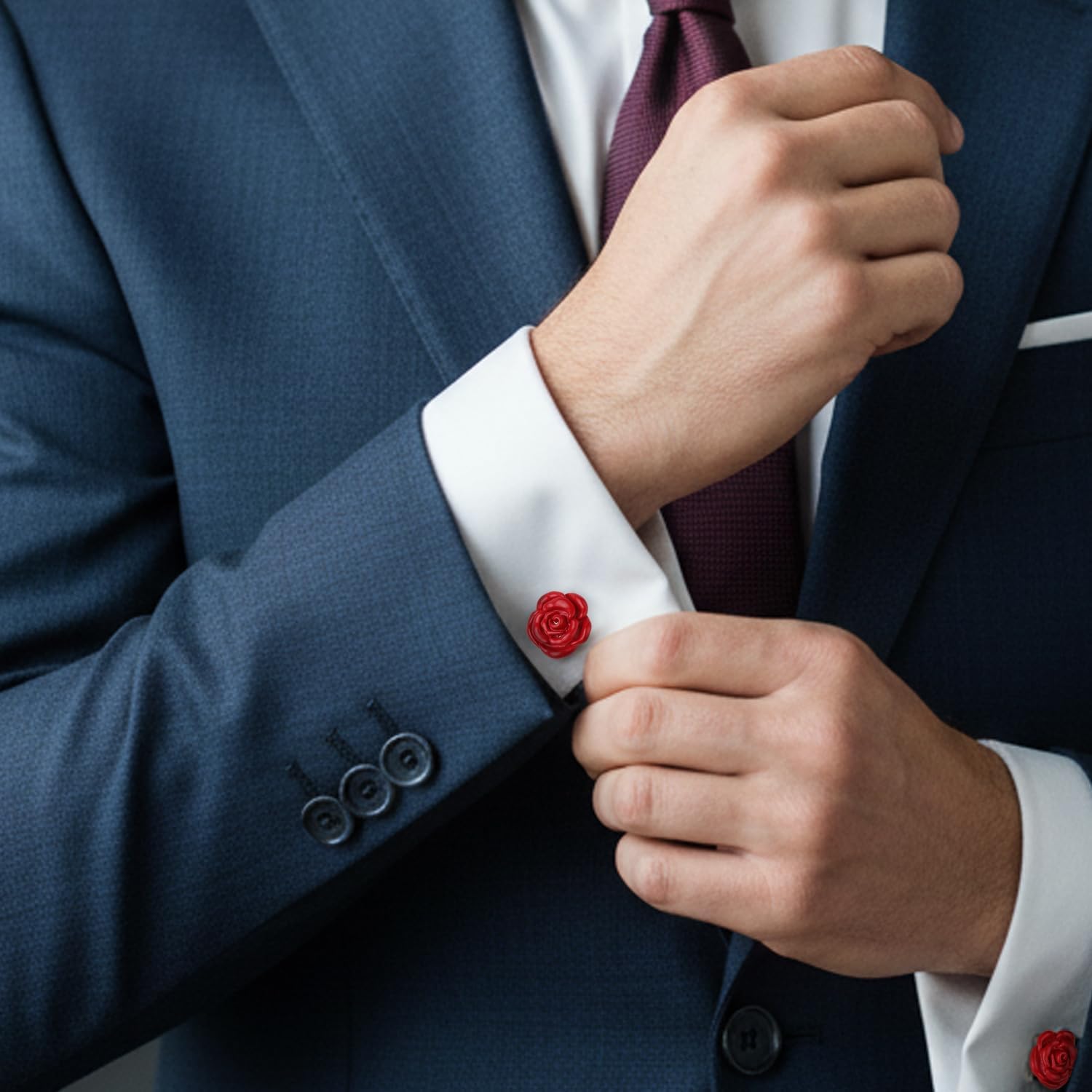 Rose Flower Cufflinks for Men Women,Silver Glod Pated Tuxedo Cuff Links,Elegant Red Flower Button Cover for Christmas Business Wedding Birthday Gift