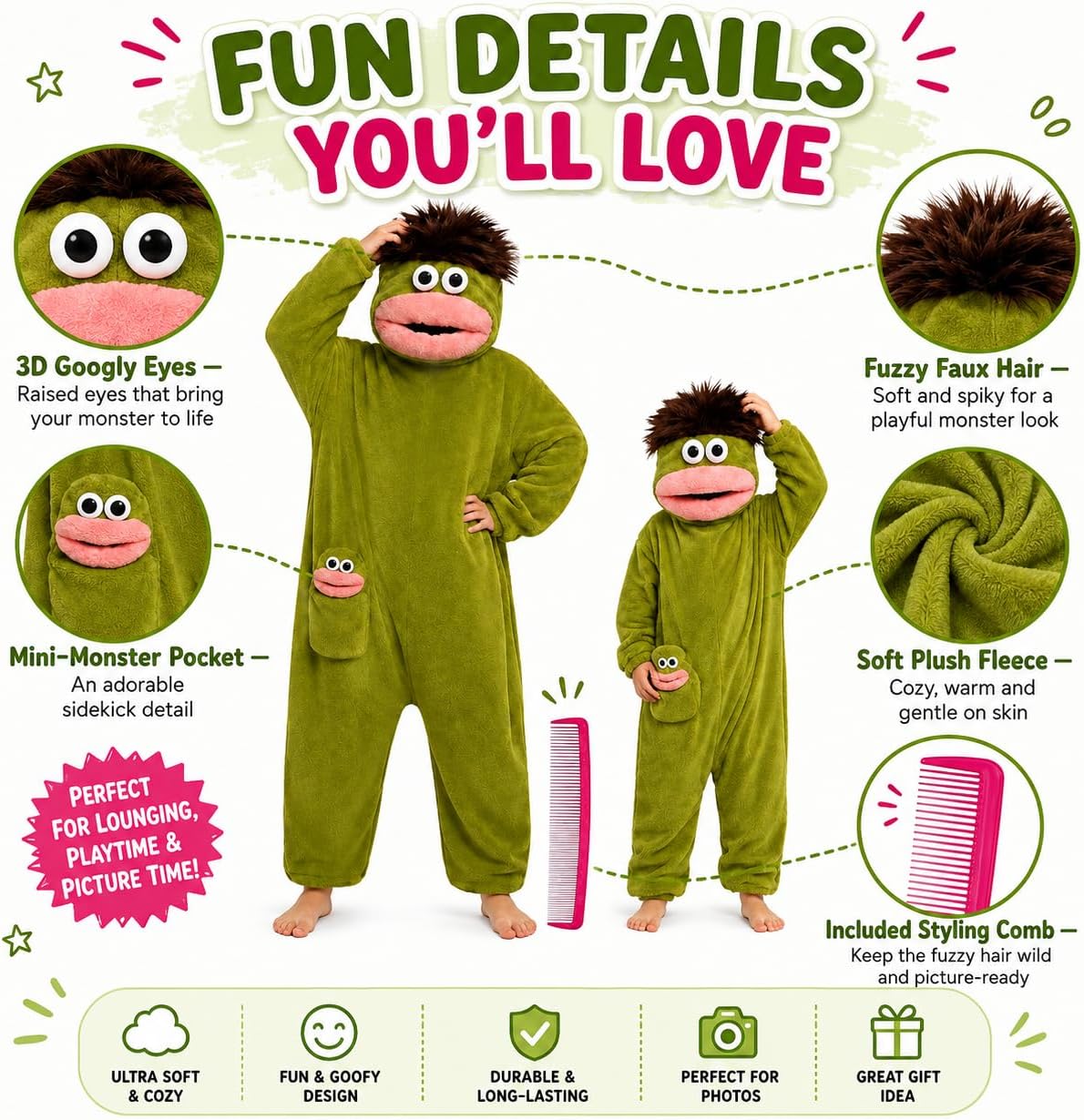 Big Mouth Monster Onesie for Adult & Kids with Styling Comb