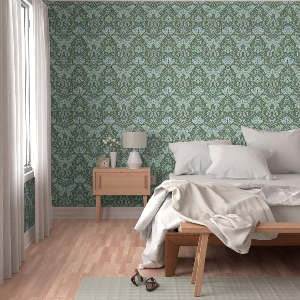 Peel & Stick Wallpaper 6ft x 2ft - Whimsical Insect Moth Floral Botanical Moon Vines Leaves Flowers Green Blue Nature Block Print Custom Removable Wallpaper by Spoonflower