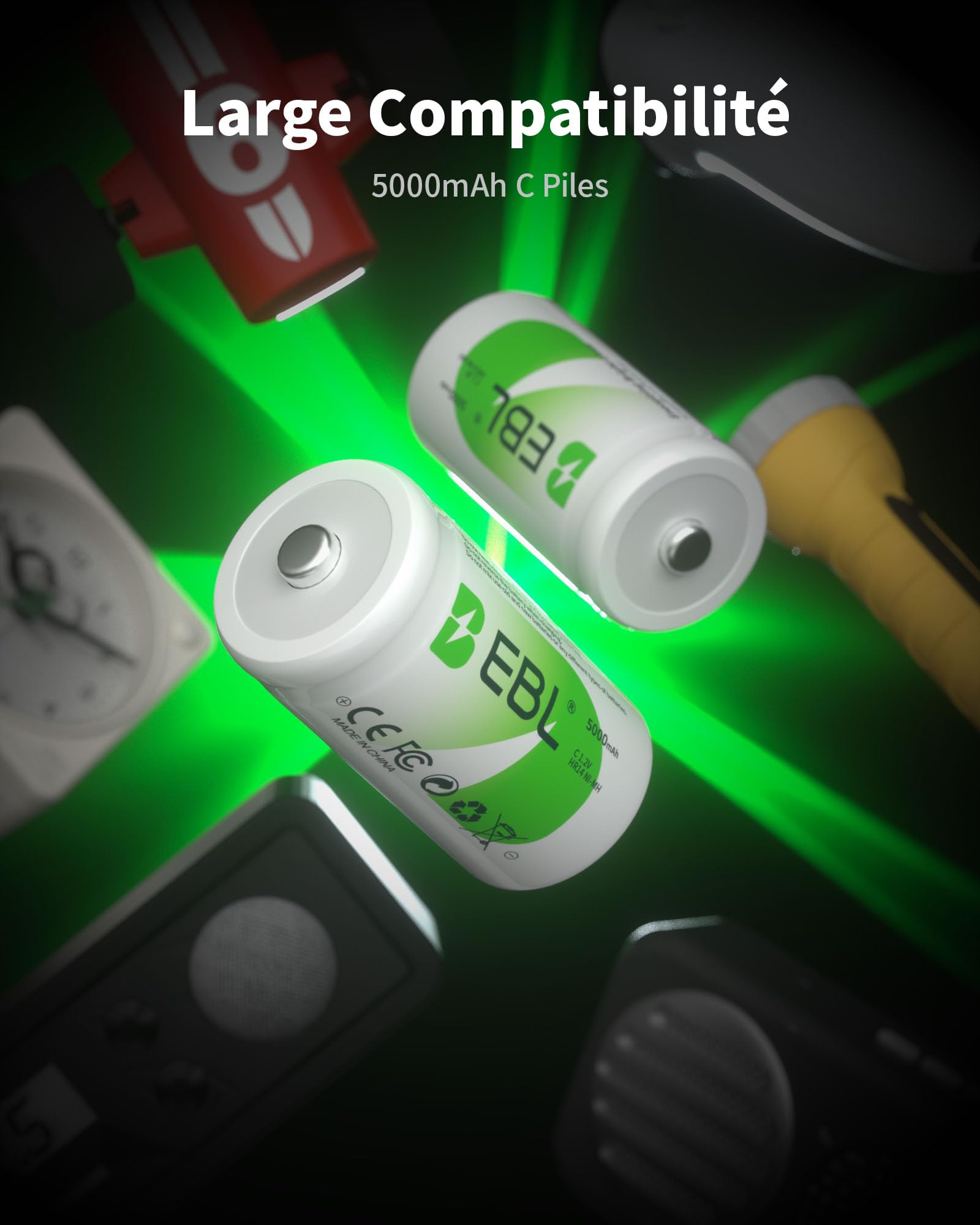 EBL 6PCS Piles C Rechargeables Ni-MH 1,2V, Baby C Type C HR14 Piles Rechargeables avec Boîte de Stockage de Piles