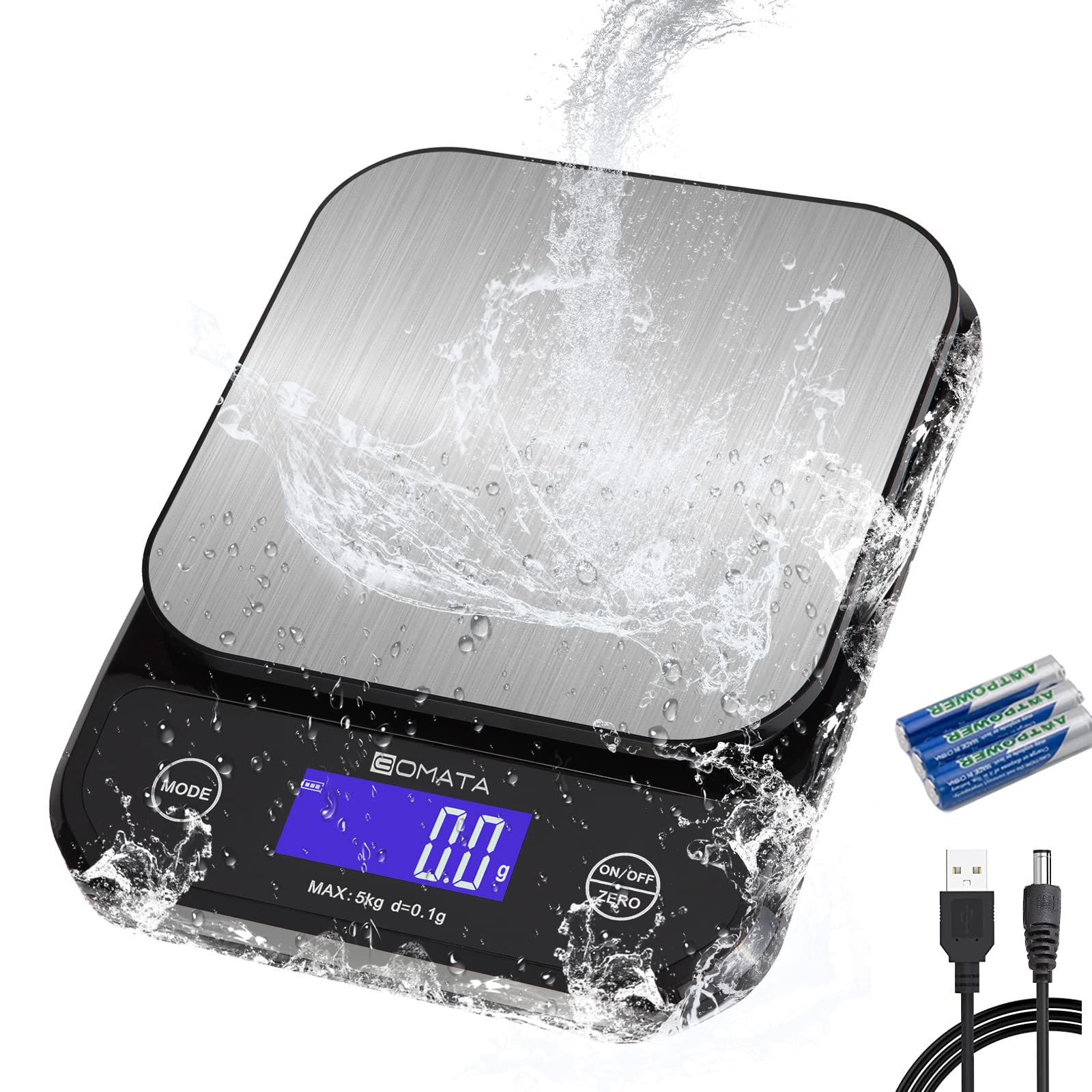 BOMATA Waterproof Food Scale, 0.01oz/0.1g High Precision, 11lb/5kg, Washable, USB Rechargeable, Stainless Steel Weighing Platform, Digital Kitchen Scale for Cooking, Baking, Weight Loss, etc.