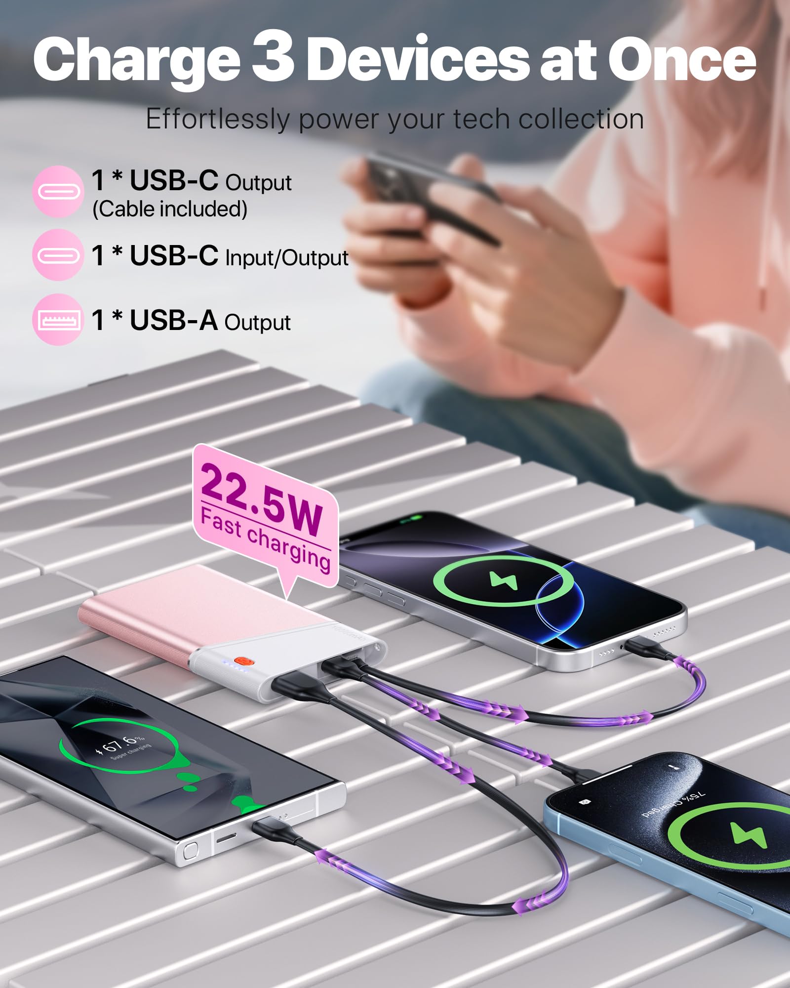 Aaoyun Portable Charger Power Bank, 10000mAh 22.5W PD Fast Charging Powerbank with Built-in USB C Cable, Slim External Phone Battery Pack for iPhone 17/16/15 Samsung S24 Android etc (Pink) view 3