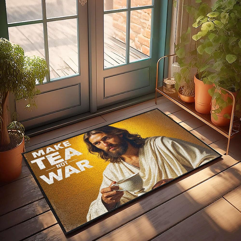 Paillasson Make Tea Not War grand format 65x90 pour entrée maison originale et humour