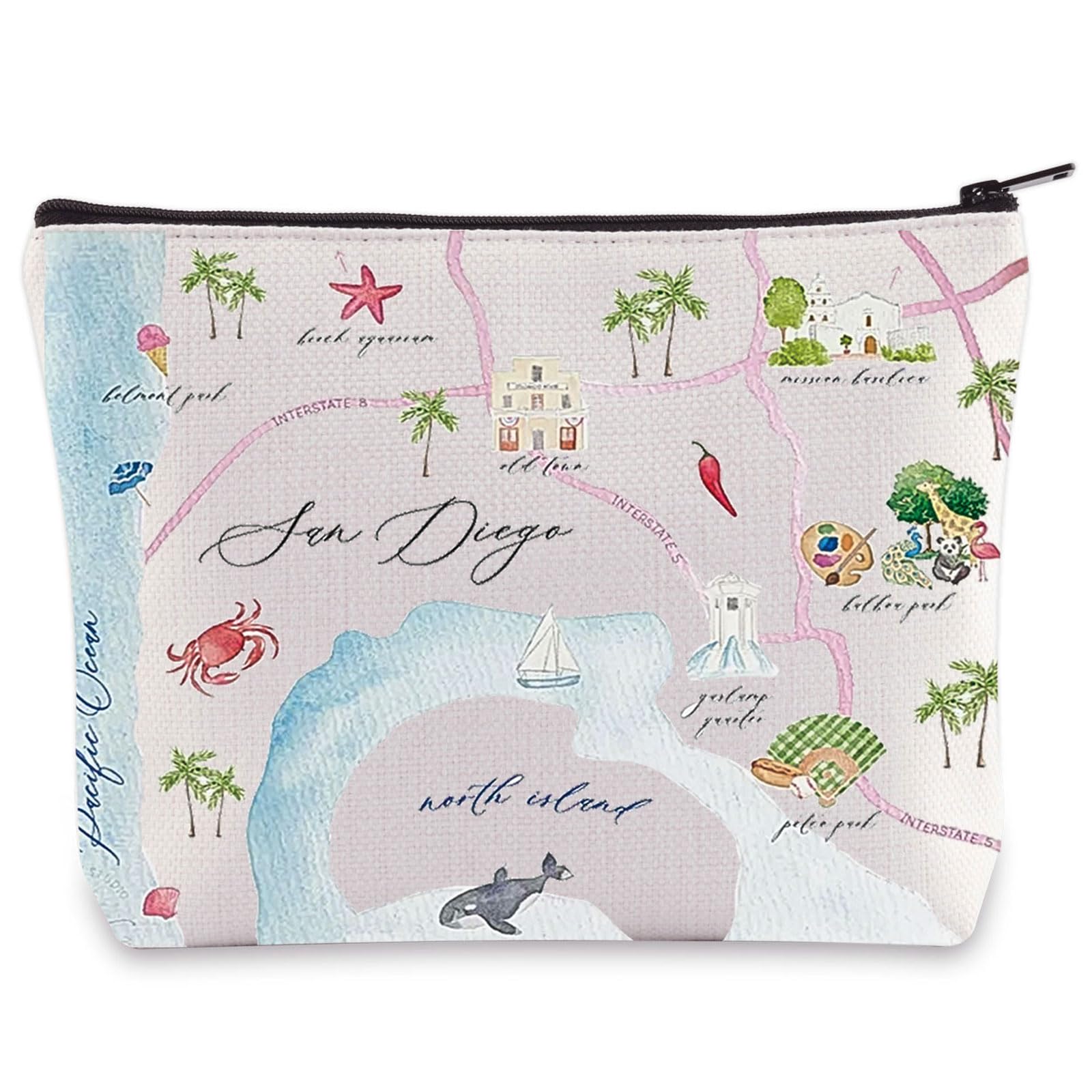 WZMPA San Diego City Map Cosmetic Bag Travel Souvenir Gift Long Distance Relationship Makeup Zipper Pouch for Family Friend
