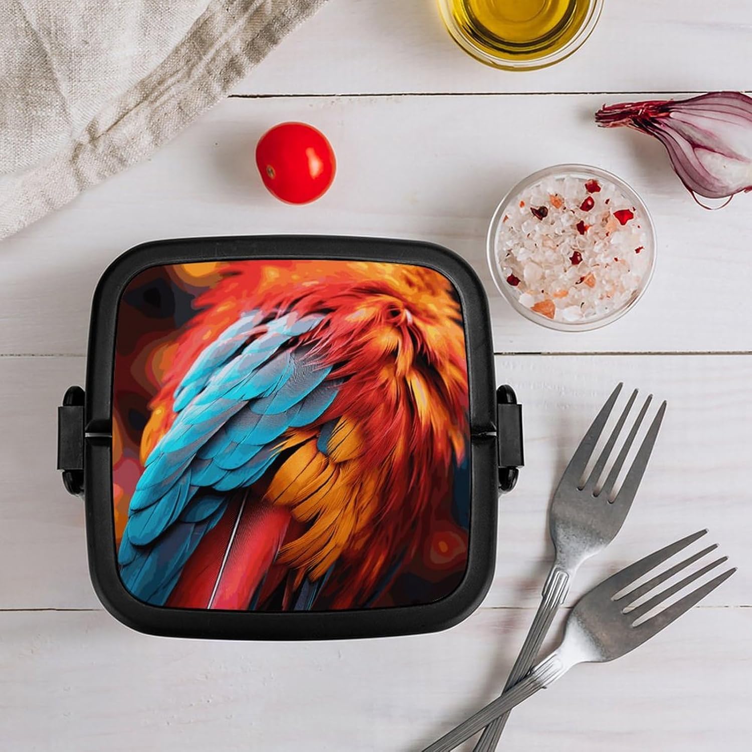 Bento Box with Spoon And Handle Colorful Feathers Printed Stackable Bento Box Portable Bento Lunch Box Container for Work Camping And Travel