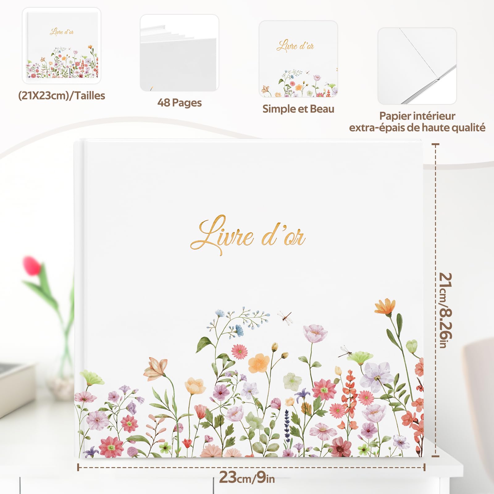 Livre d'or Mariage 40 Autocollants 46 Pages Doubles Papier épais 21x23cm Couverture Rigide Blanc