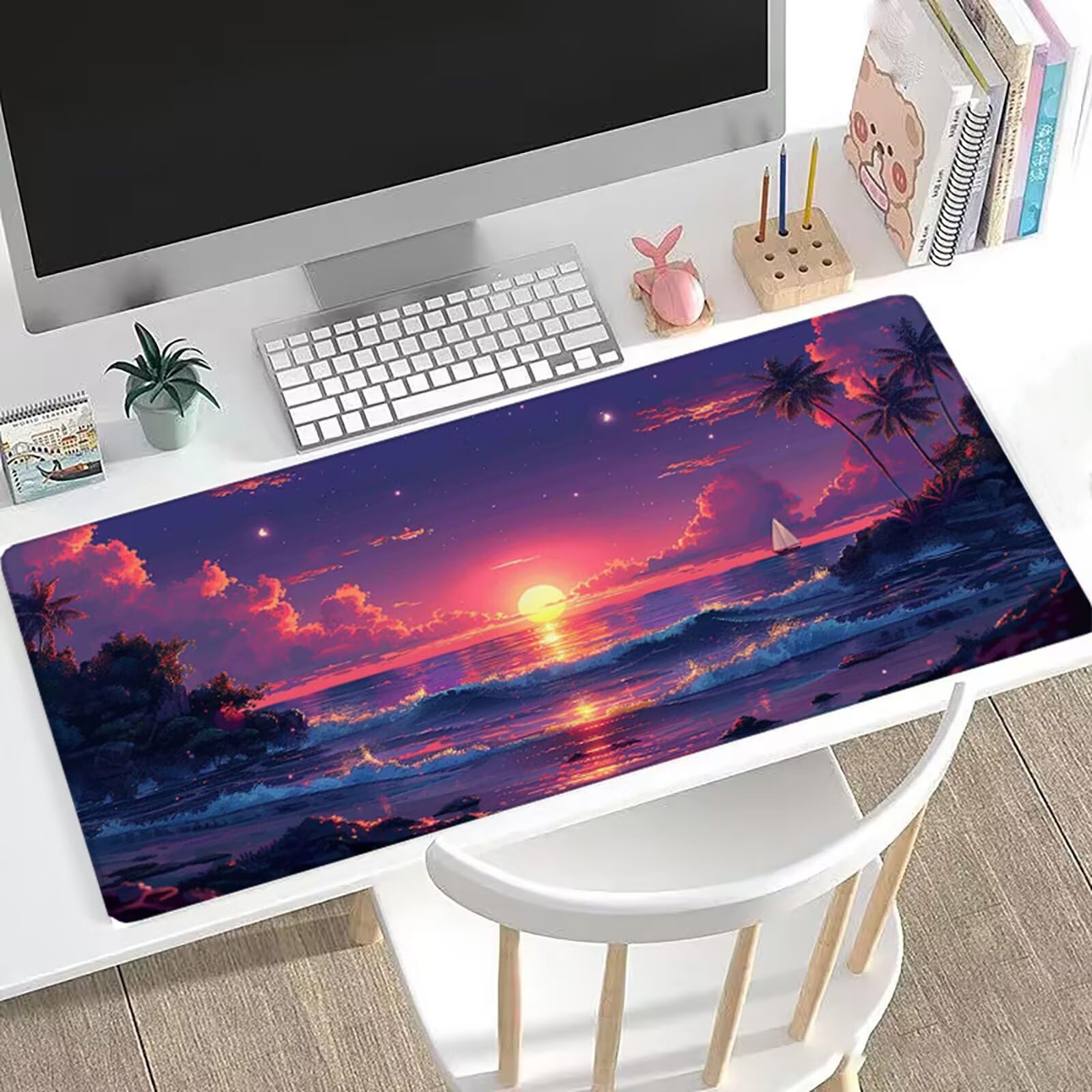 Podkładka pod mysz XXL, 150 x 80 cm, gamingowa podkładka pod mysz, drzewa kokosowe, duża podkładka na biurko, akcesoria na biurko do gier z antypoślizgową podstawą i przeszytymi krawędziami, ulepszona