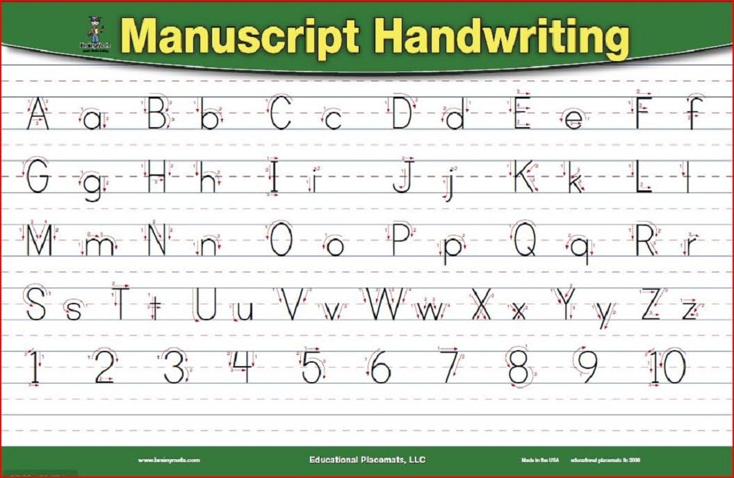 brainymats - Educational Kids Placemat - Double Sided -Writeable -Washable -Made in the USA (Handwriting)