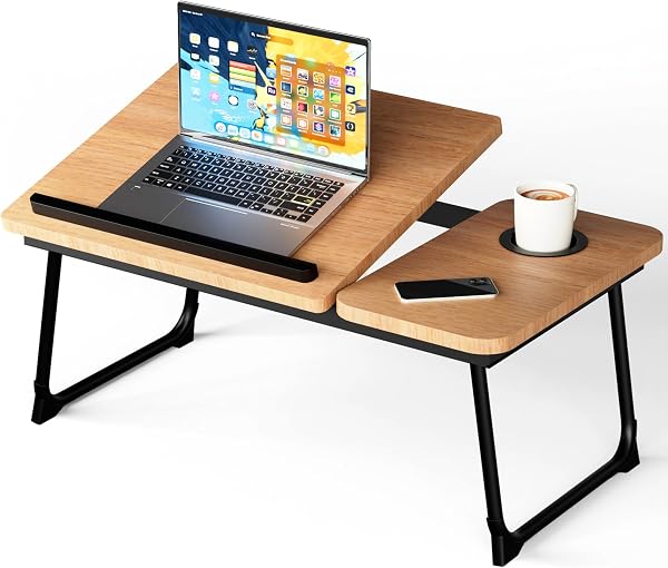 Stolik na laptopa, biurko do łóżka ze składanymi nogami i otworem na kubki, regulowane tace, uchwyt na książkę, stojak na laptopa, taca na laptopa, na łóżko, sofę, taras, dywan, orzech włoski