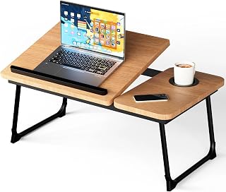 Stolik na laptopa, biurko do łóżka ze składanymi nogami i otworem na kubki, regulowane tace, uchwyt na książkę, stojak na laptopa, taca na laptopa, na łóżko, sofę, taras, dywan, orzech włoski