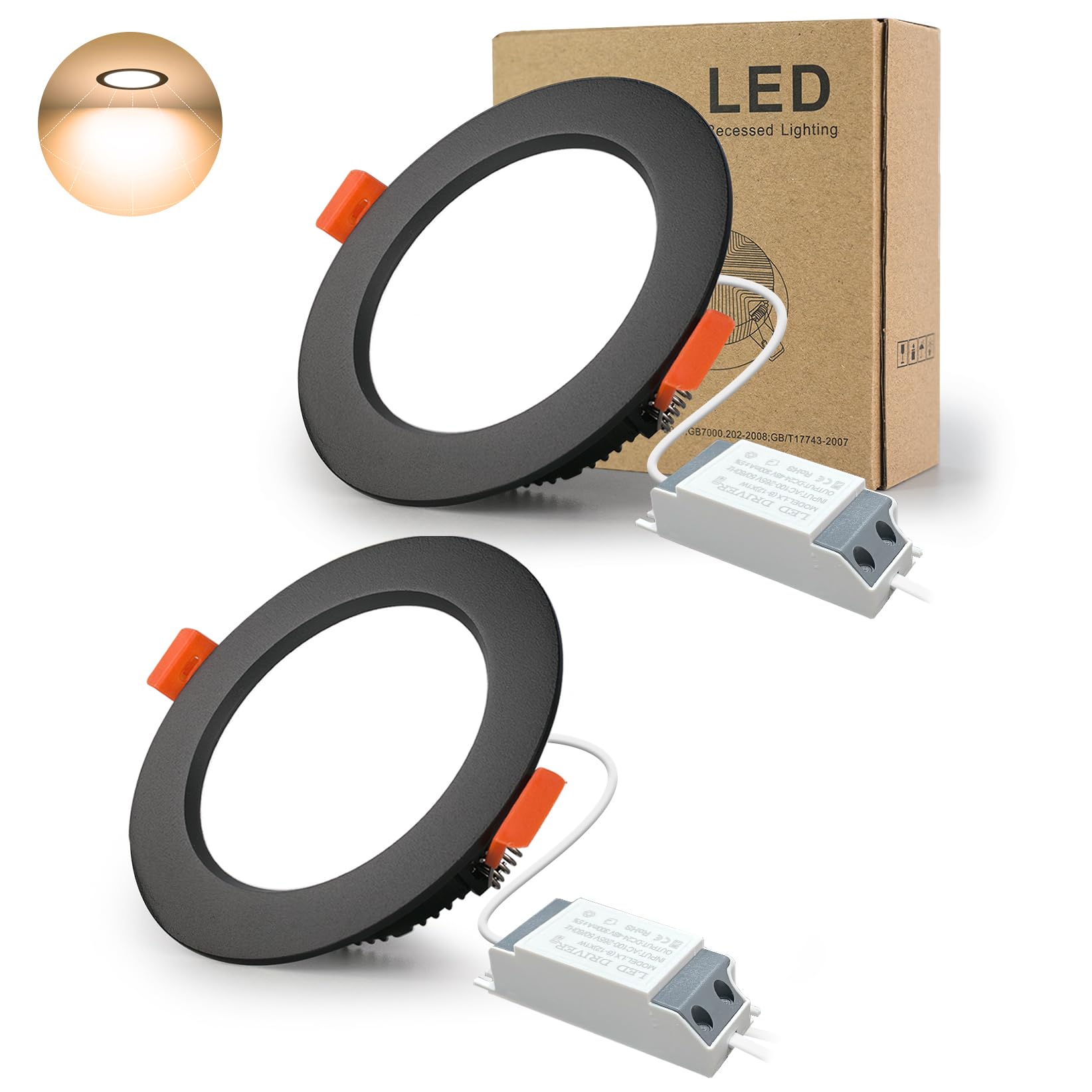 BRIMETI Reflektor LED Wpuszczany 230V 7W 700LM Zestaw 2 Bardzo Płaski Sufitowe do Zabudowy Spot Lazienkowy IP44 Ciepła Biel 3000K Reflektor LED, do Salonu Kuchni Przedpokoju Sypialni (Czarny）