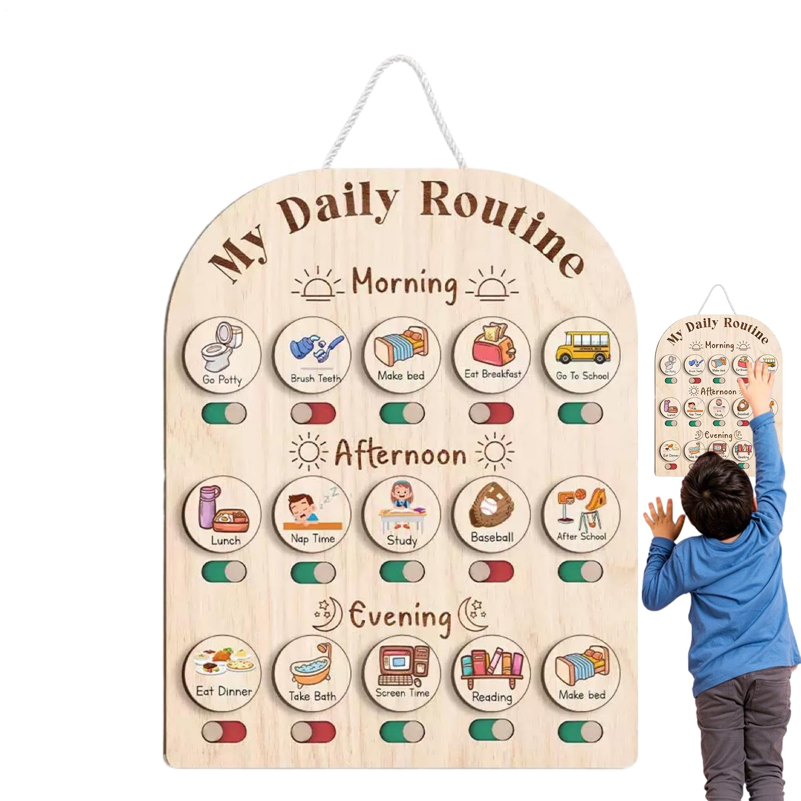 Kids Daily Routine Chart, Morning and Bedtime Planner Board, 14.02x11.81x1.5in, Educational Wooden Toy, Reusable Visual Schedule