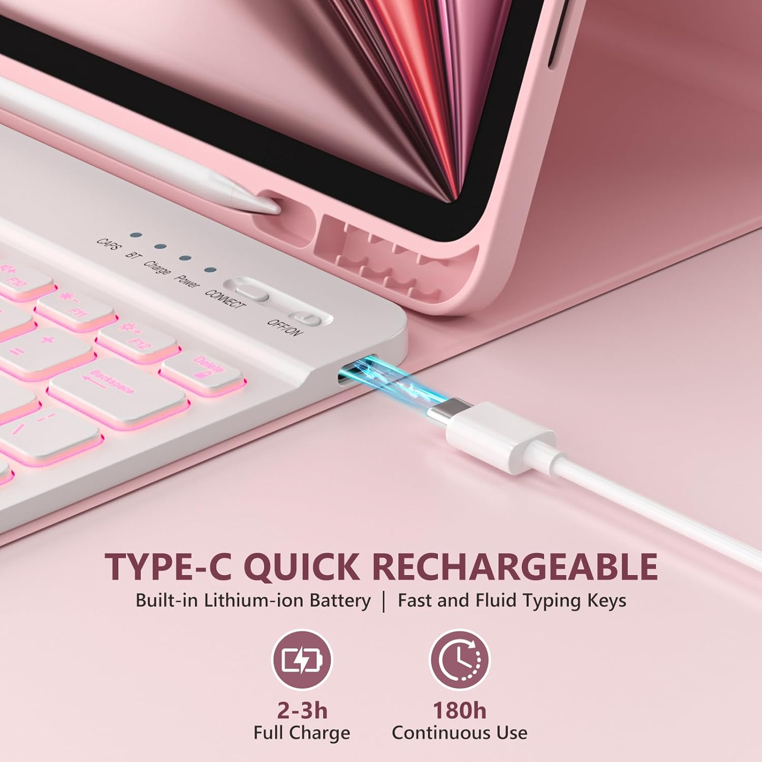 BQSS for iPad Air 13 Inch Case Keyboard (M4/M3/M2, 2026/2025/2024) & iPad Pro 12.9 inch (6th/5th/4th/3rd Gen), 7 Colors Backlit Wireless Detachable Folio Keyboard Cover with Pencil Holder (Light Pink)