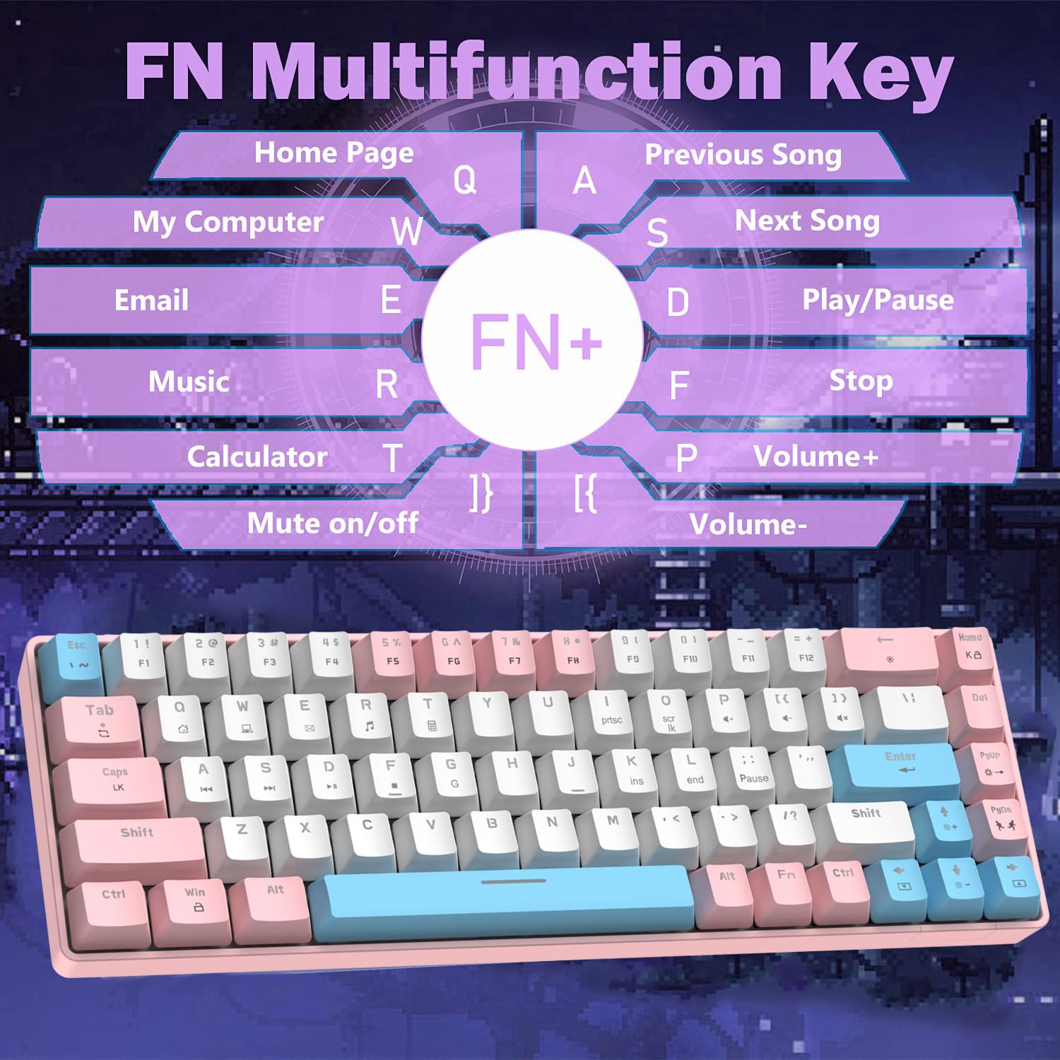 T8 RGB 60% Klawiatura Mechaniczna, Przewodowa Klawiatura do Gier 65% Compact Układ, 18 RGB Backlit, QWERTY Mini 68 Klawiszy Full Keys Anti-ghosting na PS4, Xbox, PC, Laptop, MAC - Pink/Blue Switch
