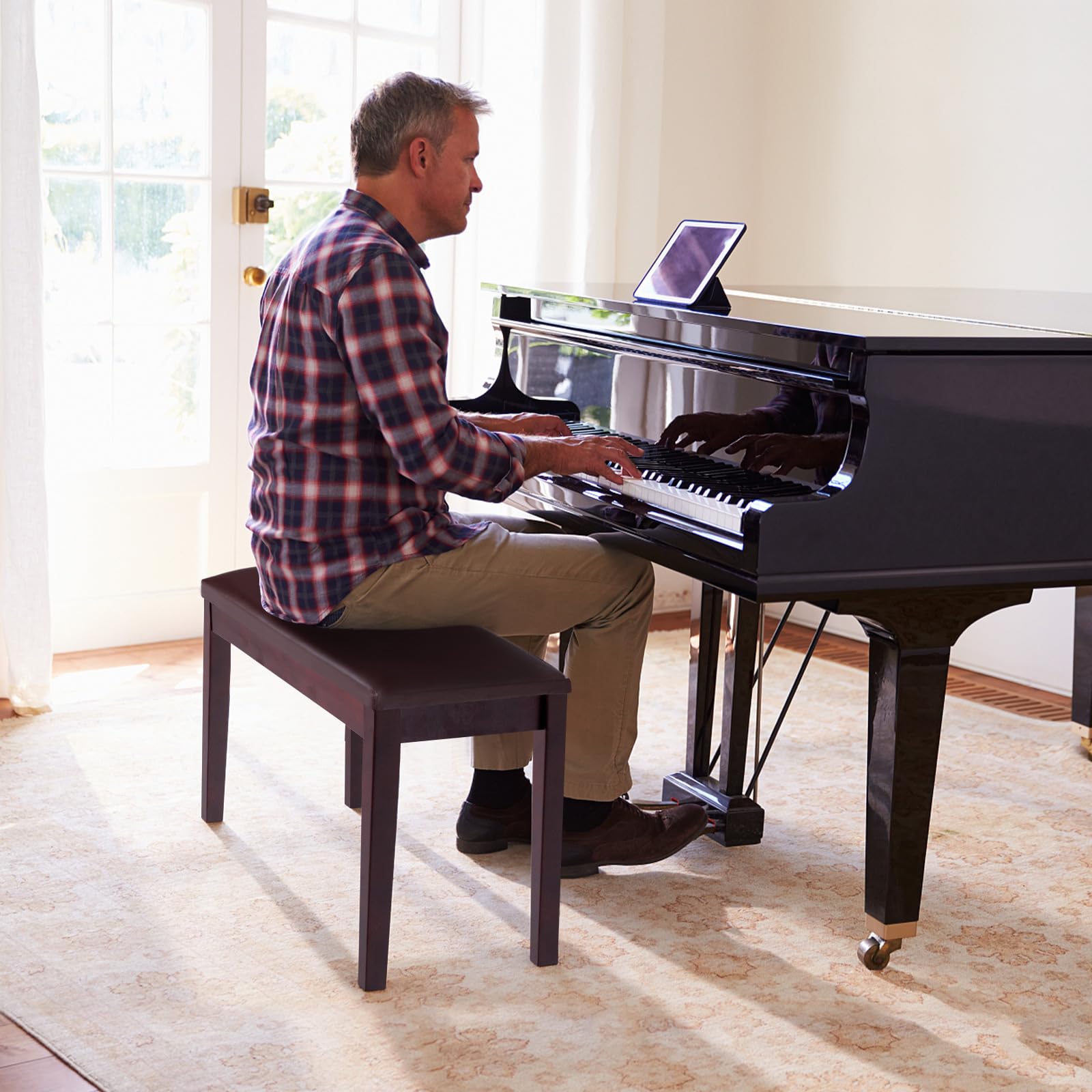 Banco Del Piano En Símil-Cuero PU Taburete Para Piano Doble Asiento Con Cojin Acolchado Y Compartimento Escondido Marron