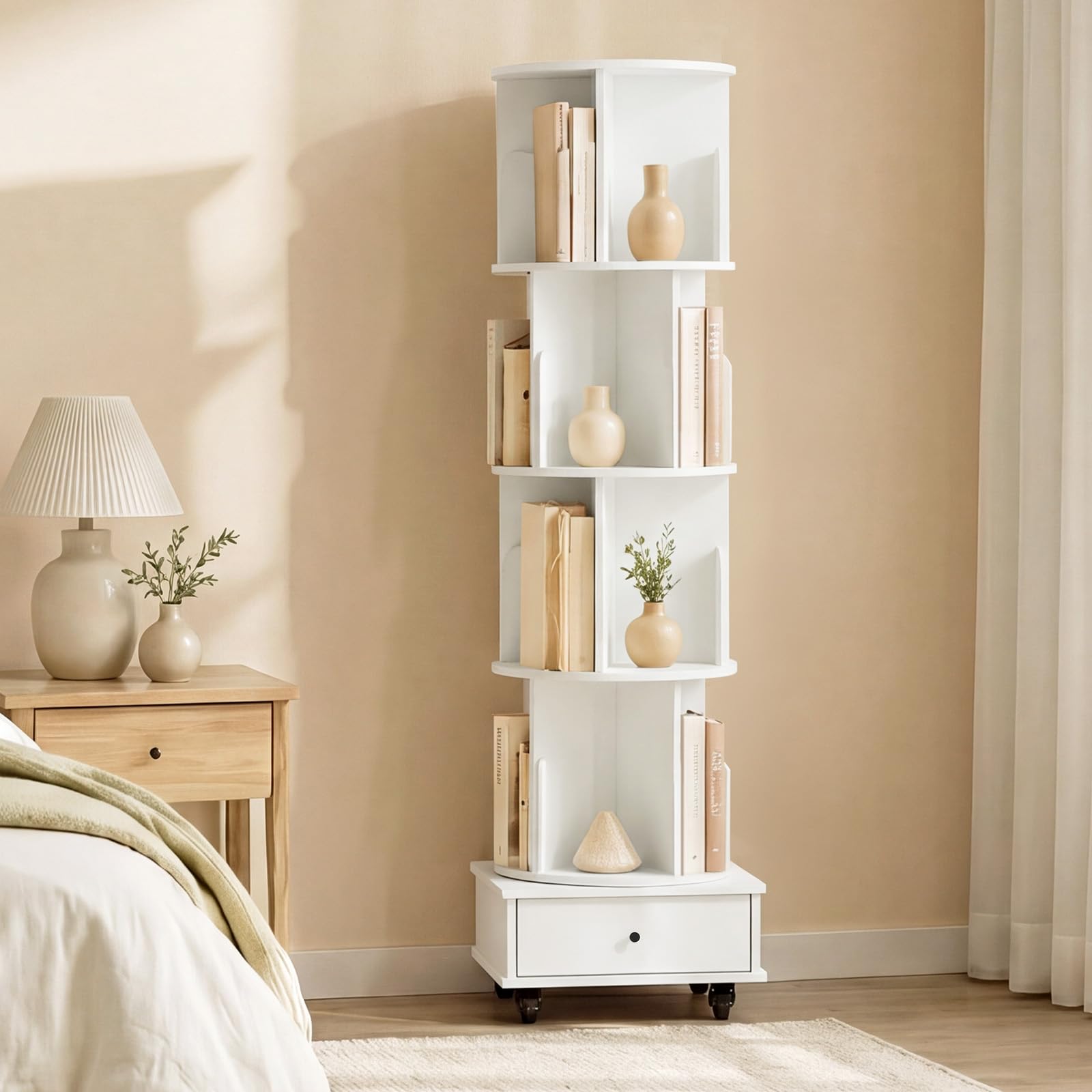 Nordivale Drehbares Bücherregal 360° Frei, Bücherregal Drehbar Weiß, Bücherregal Kinder mit rollbar & extra Unterschublade, für Wohnzimmer, Arbeitszimmer, Büro, als Raumteiler, 5 Ebenen