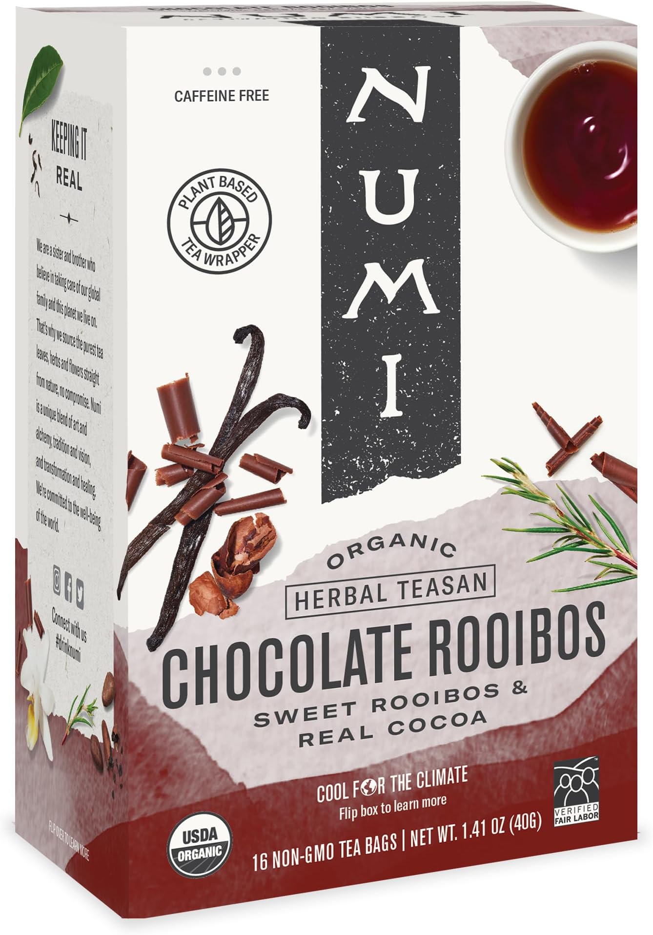 Numi Organic Chocolate Rooibos Tea, 16 Tea Bags (Pack of 6), Red Tea with Cocoa, Honeybush & Vanilla (Packaging May Vary)
