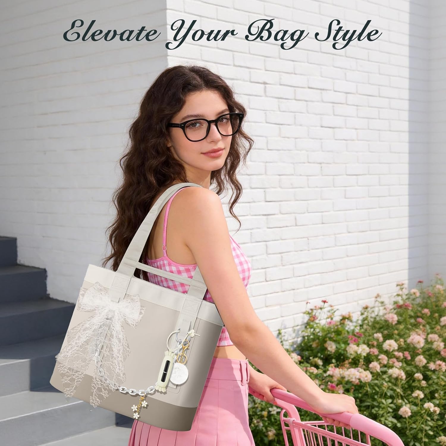 5PCS Tote Bag Accessory Set, Decorative Bow, Candy Lipstick Holder, Flower Charms & Acrylic Chain & Pom Pom Ball Compatible with YETI Camino 20/35/50 Carryall, Bogg Bag Charms for Women