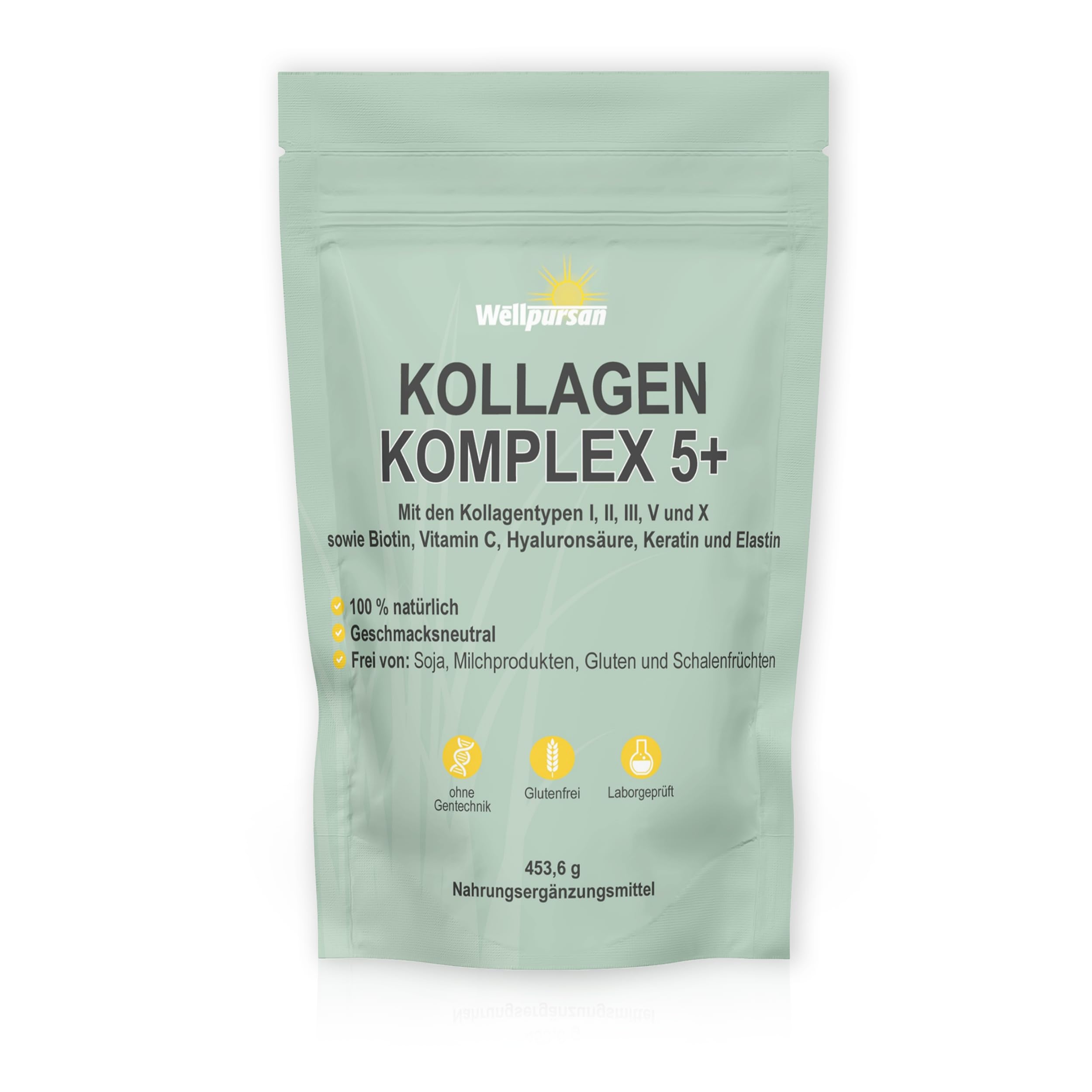 Wellpursan Kollagen-Komplex 5+ (453,6 g) – Multi-Kollagen Pulver mit Typ I, II, III, V & X – Biotin, Hyaluronsäure & Vitamin C – Geschmacksneutral, laborgeprüft – Ohne Soja, Gluten & Milchprodukte