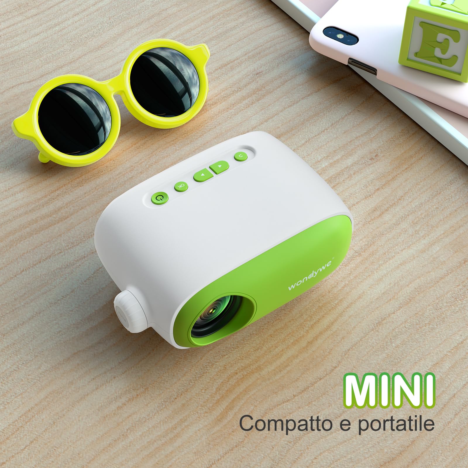 Proiettore Portatile, Regalo per Guardare Film – Immagine da 137 Pollici, 480P, Supporta Chiavetta TV/PC – Designi Ultra Portatile, Mini Proiettore