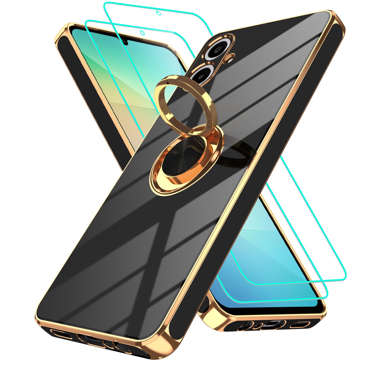 Gritup Slim Fit Case for Samsung Galaxy A06 6.7-Inch,Shockproof Soft Cover with 2 Pcs HD Screen Protectors,and Built-in Ring Kickstand Phone Cover,Black-A06