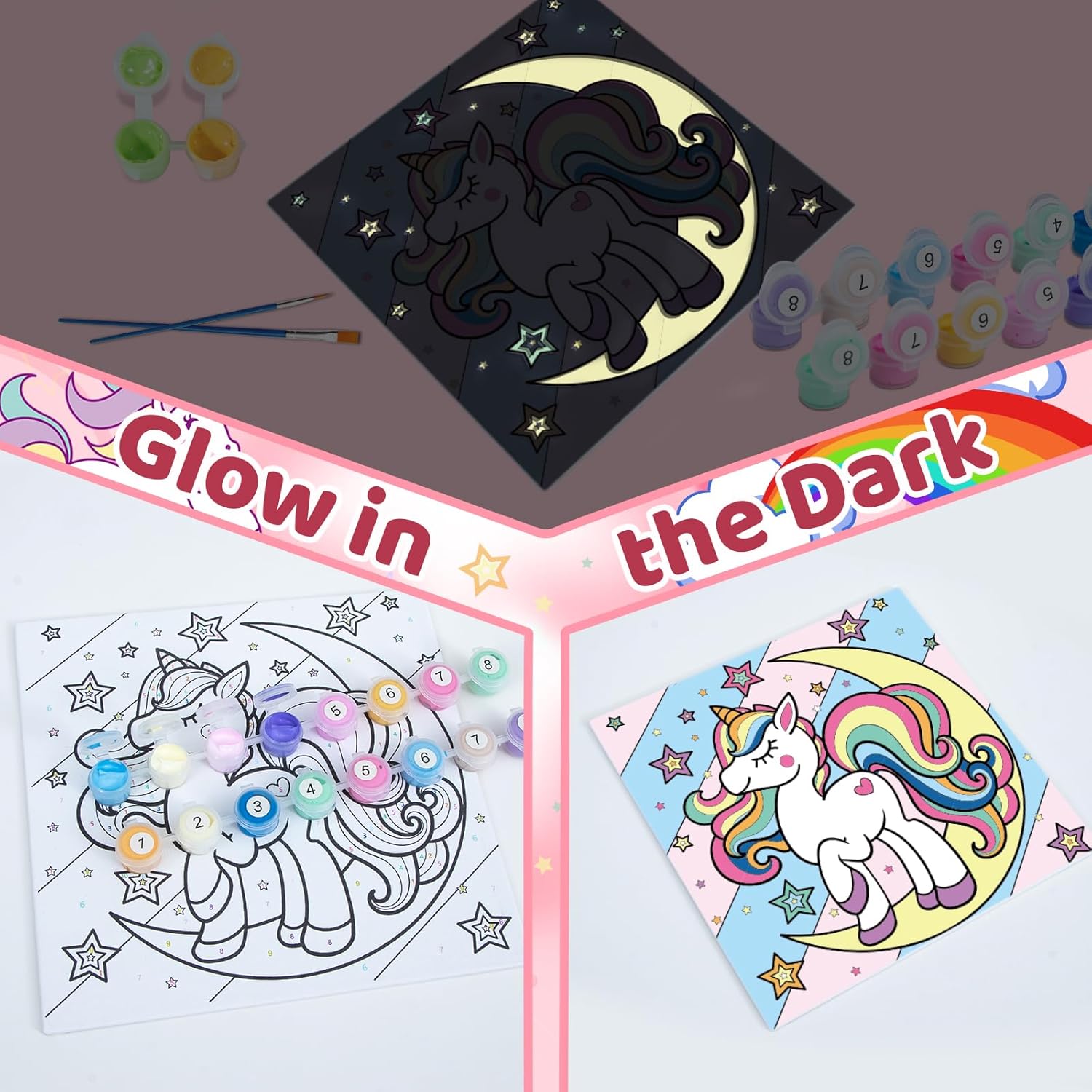 6 Pack Glow in the Dark Unicorn Paint by Numbers Kit for Kids - Pre-printed Canvas with 50 Paints, 12 Brushes & 2 Easels - DIY Acrylic Painting Set for Boys and Girls - Ideal for Home Decor