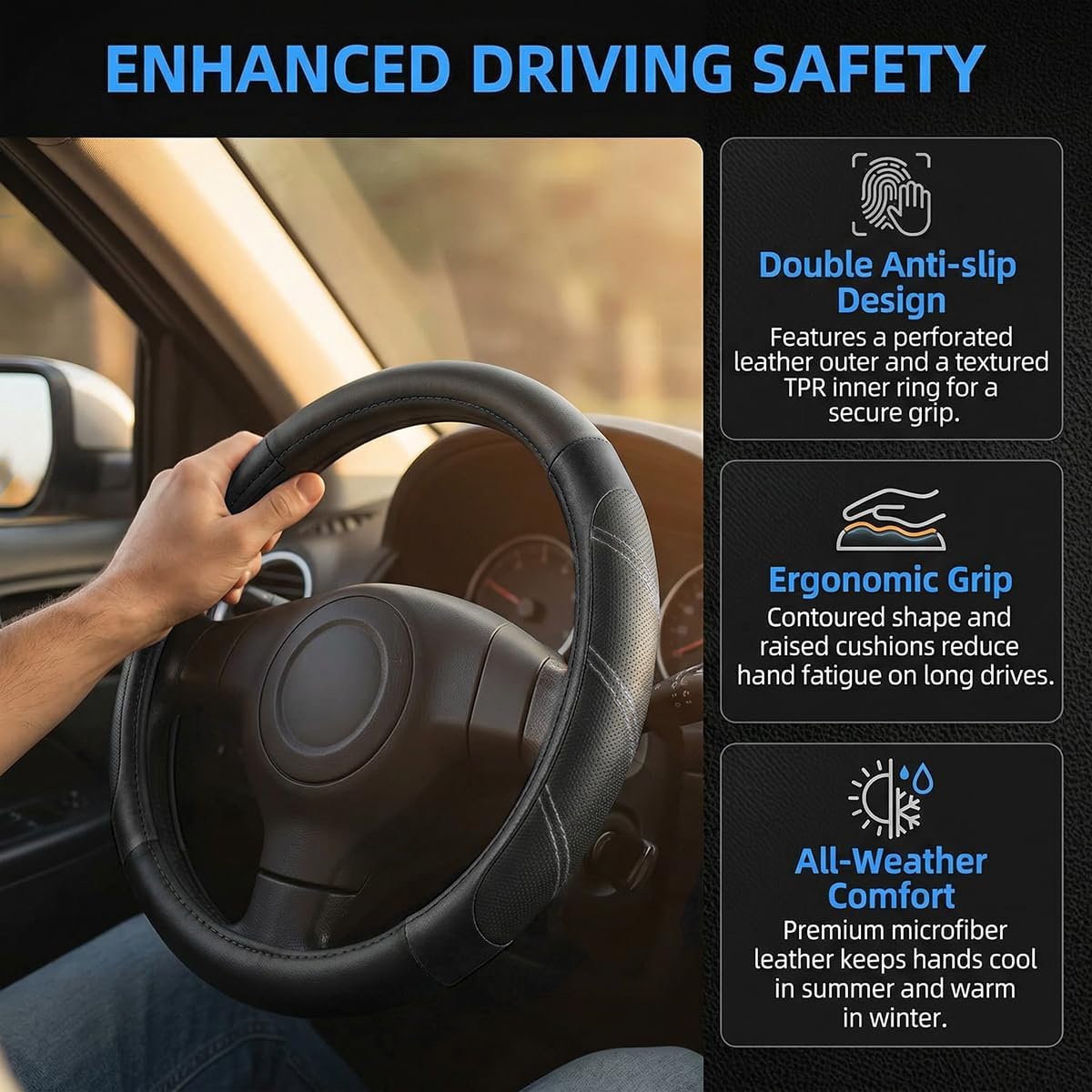Osilly Car Steering Wheel Cover, 14.5-15" Leather Breathable Anti-Slip Stylish Steering Wheel Protector, Comfortable Auto Interior Decoration Accessories, Universal for SUV Van Truck (Black)