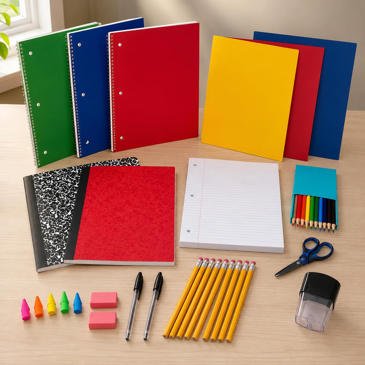 Back to School Supplies Bundle, 25-Piece School Supply Kit with 3 Wide Ruled Notebooks, 2 Composition Books, 3 Folders, Filler Paper, Colored Pencils, Scissors, Pencils, Pens and Erasers