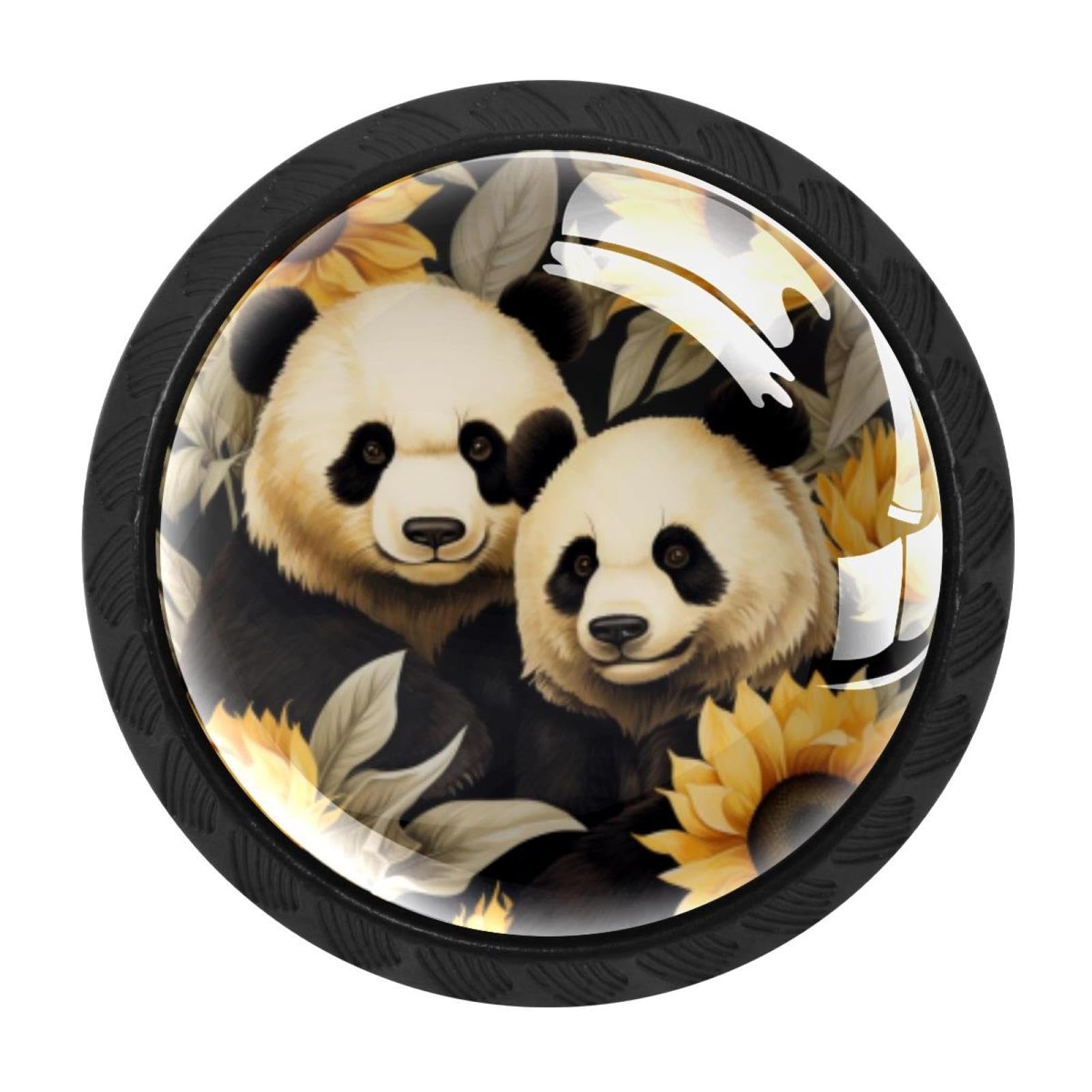 CHENZZZZ 4 Pack Drawer Knobs, Black Handle Dresser Drawer Pulls, Round Decoration Cabinet Hardware Pulls with Screws for Kitchen Cupboard Wardrobe, Panda Sunflower