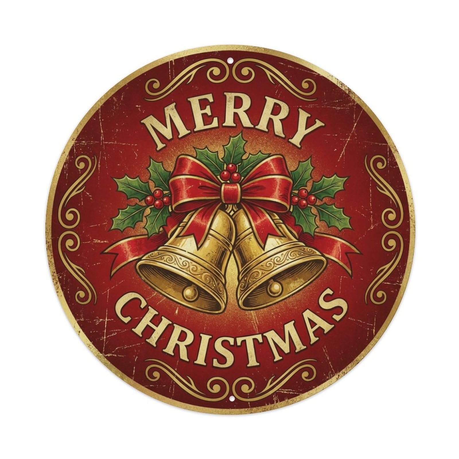 Merry Christmas Bell Gold Ribbon Metal Tin Sign