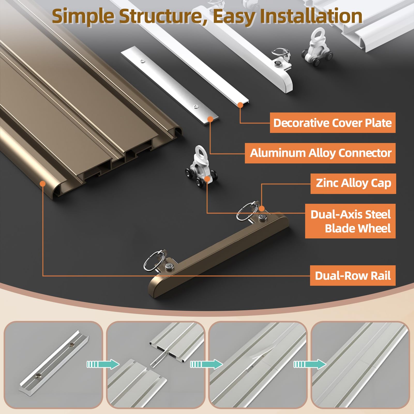Leises zweireihiges Deckenschienensystem – 3 m flexible Aluminiumschiene für Raumteiler, biegbares Design, ideal für Wohnzimmer und Schlafzimmer, Champagner-Finish