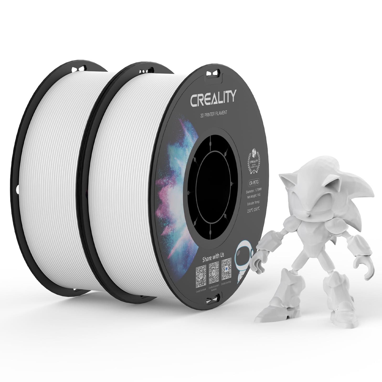 Creality PETG Filamento 1.75 Para Impresora 3D:Excelente Tenacidad, Alta Precisión Dimensional +/- 0,02 mm, Bobina De 2kg (4,4lb) for Con La Mayoría De Impresoras 3D FDM,2 PETG Blanco