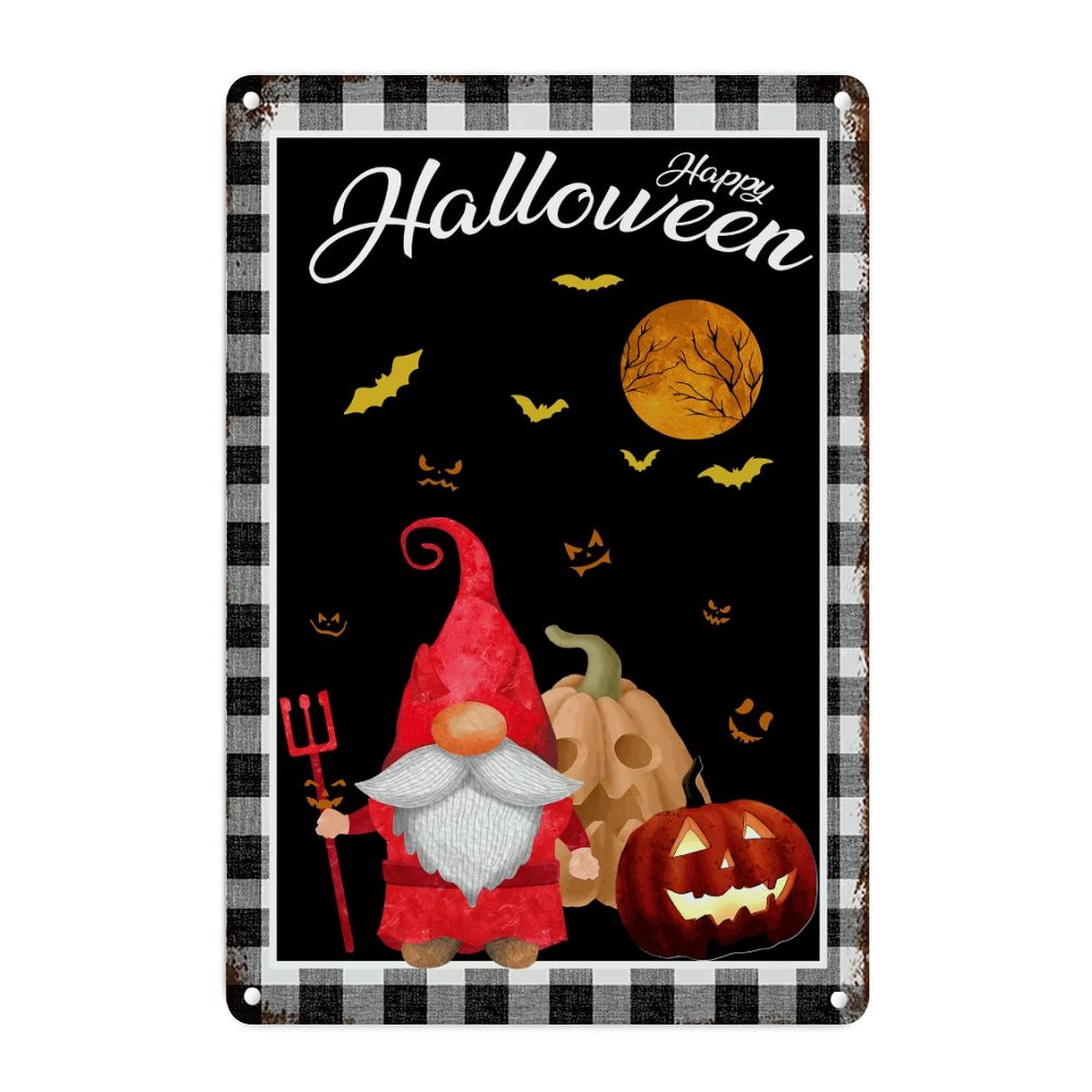 Plaque en métal Halloween avec gnome citrouille et chauve-souris - Déco murale 20x30cm