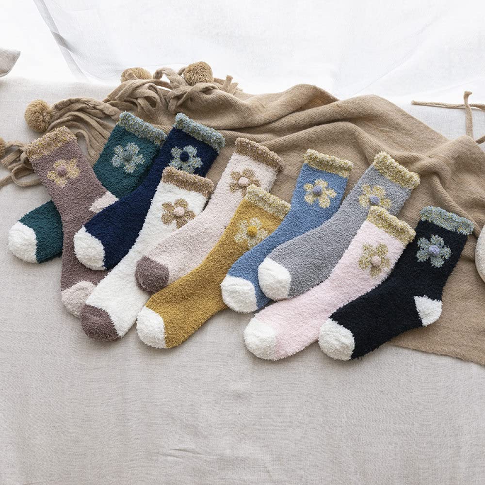 MIDJ Warme Socken,Damen Wintersocken Warme Flauschige Bettsocken Blaue Blume Süße Weiche Socken Bequeme Haussocken Verdickte Bequeme Spaßsocken Weihnachten