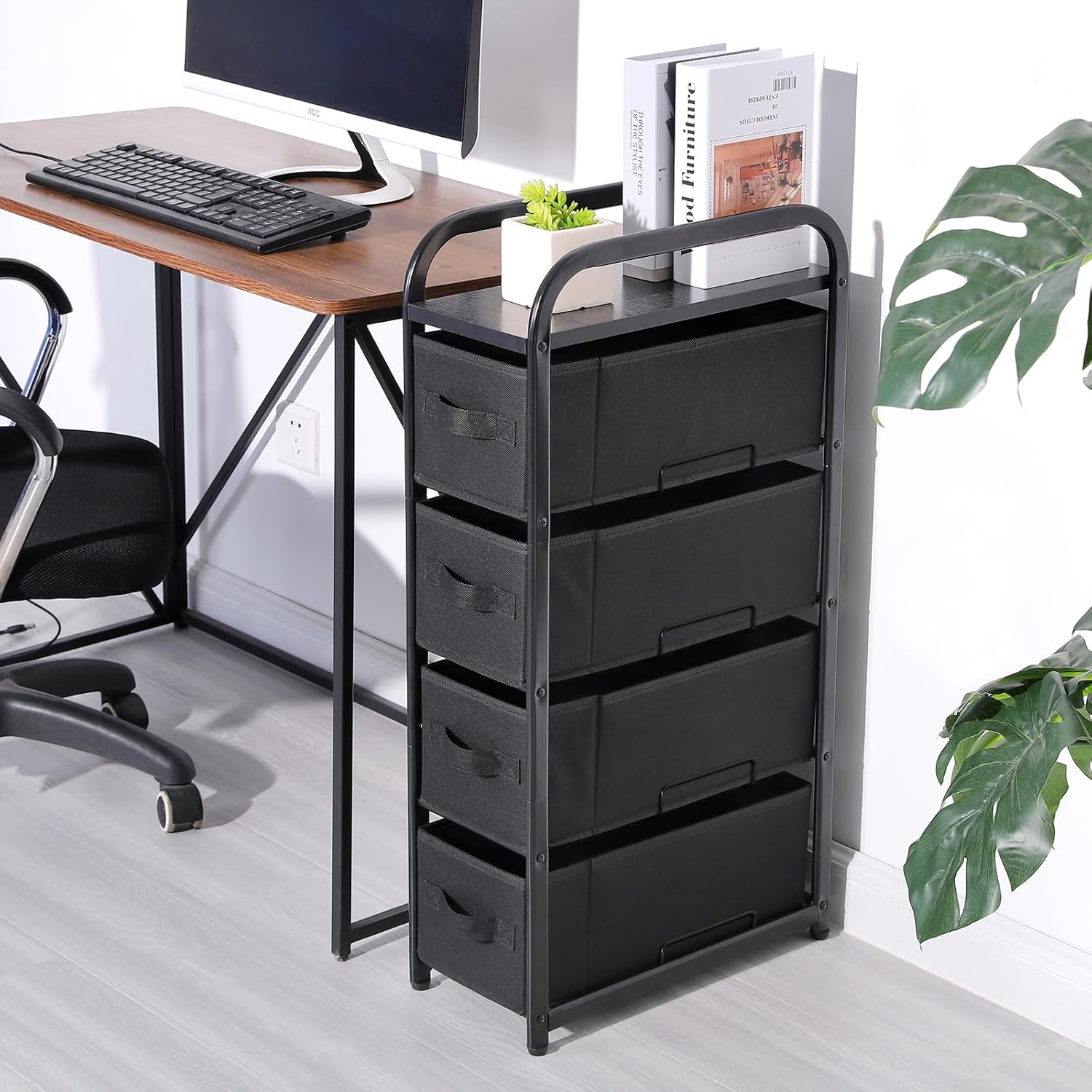 MAX Houser 4 Drawer Narrow Dresser Fabric Storage Tower Vertical Slim Storage Chest Organizer Nightstand Side/End Table Small Standing Organizer Removable Drawers Wood Top for Bedroom, Bathroom（Black) - Image 5